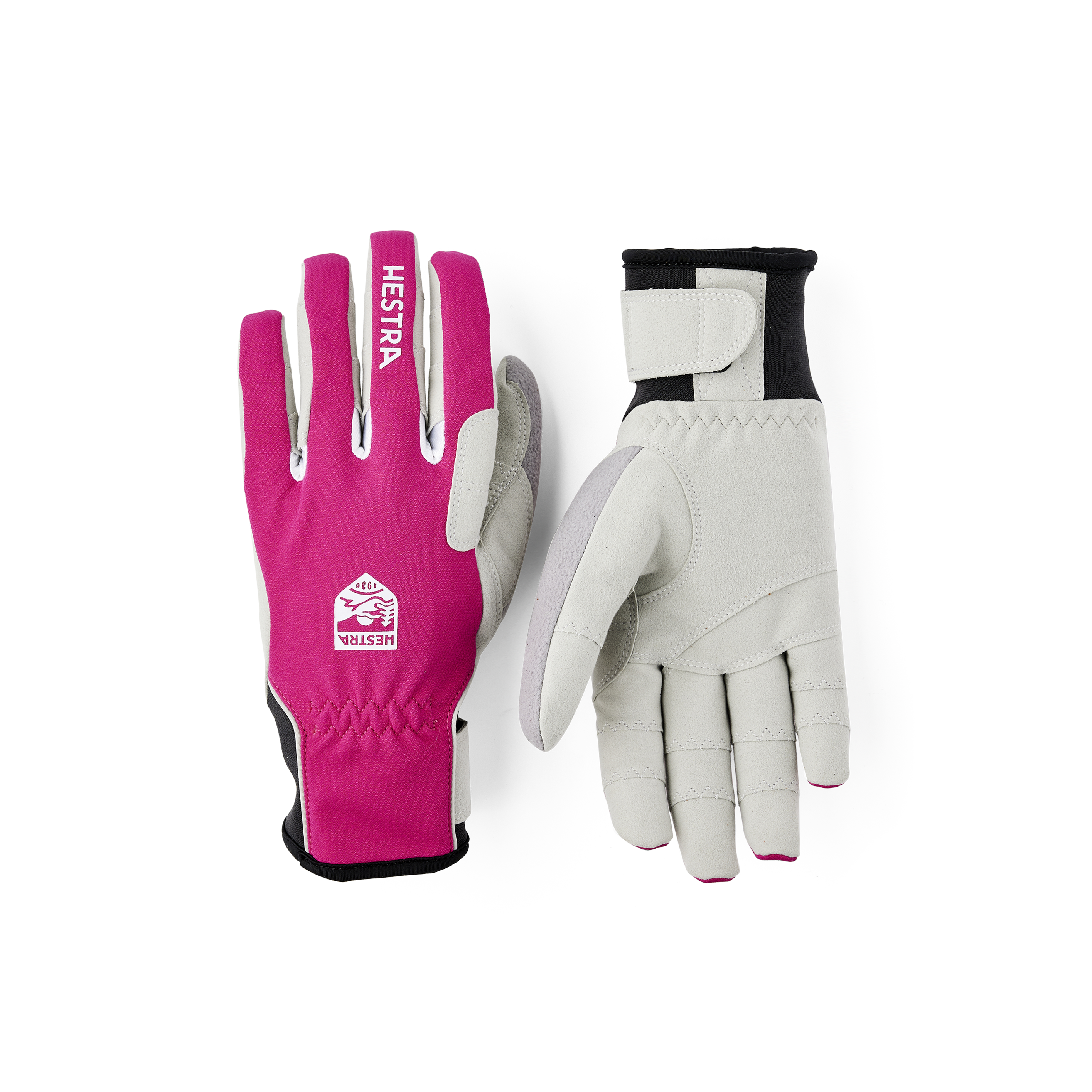 Pink fabric cross-country ski glove with gray synthetic suede palm