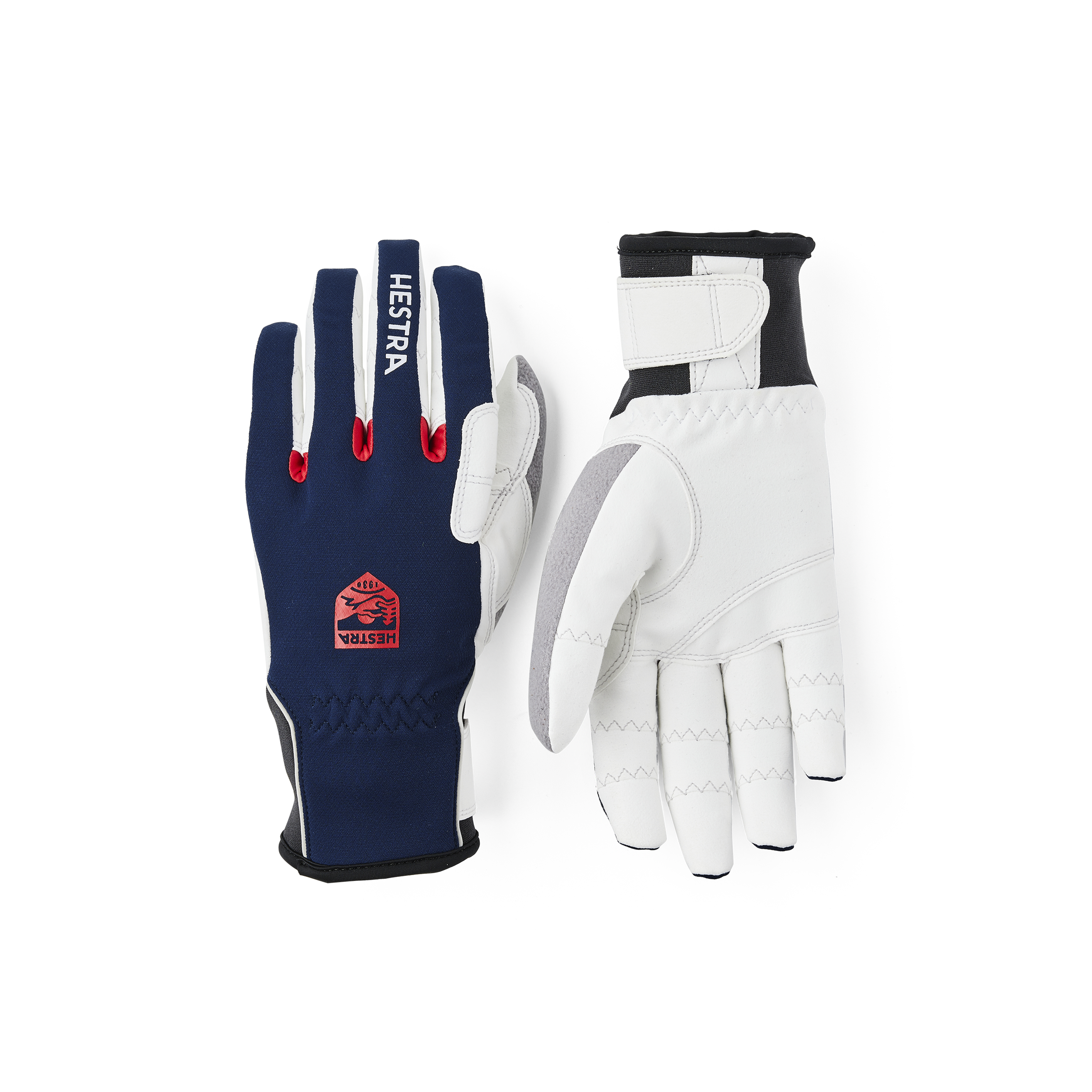 Dark blue fabric cross-country ski glove with white synthetic suede palm