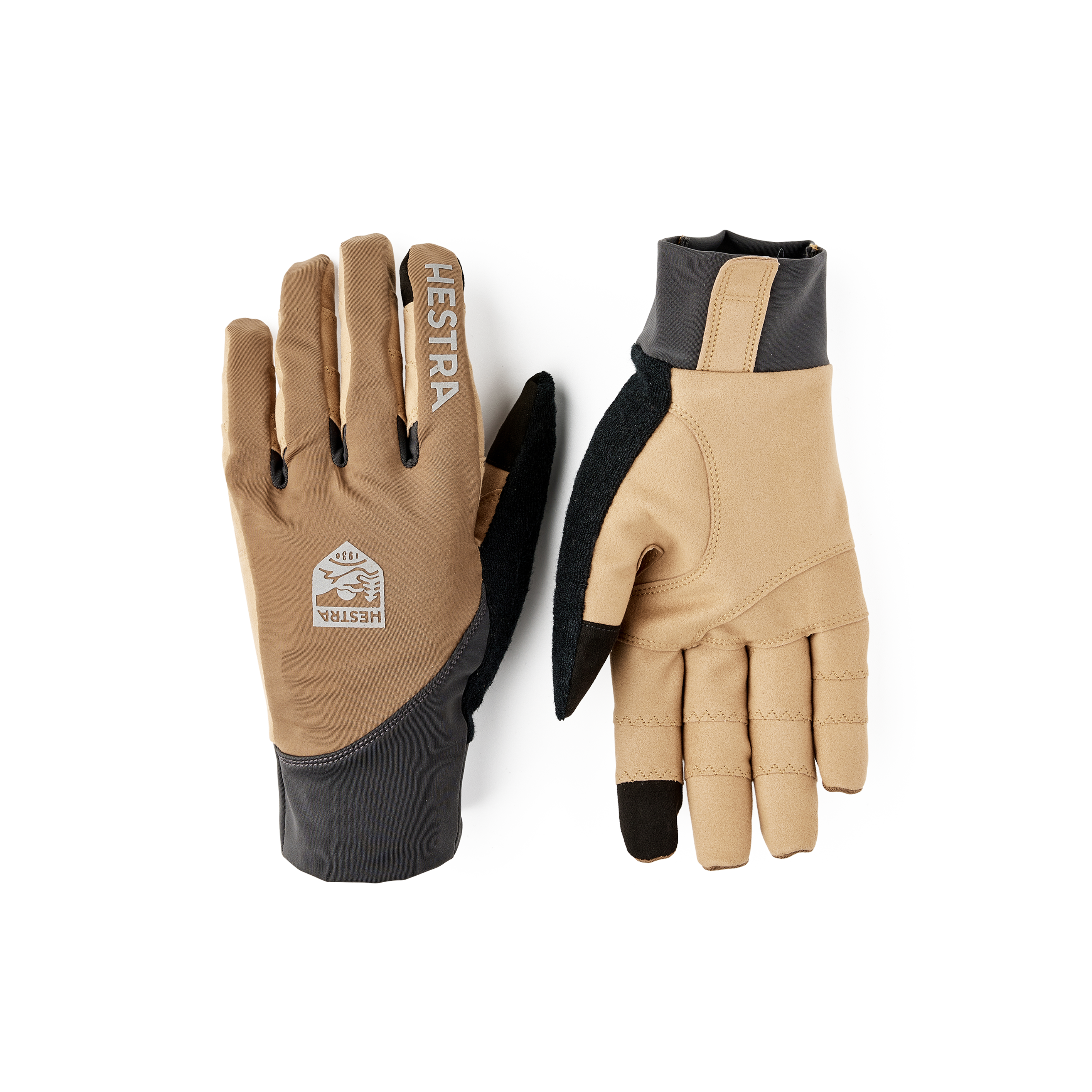 Light brown cycling glove with lycra back and light brown synthetic suede palm