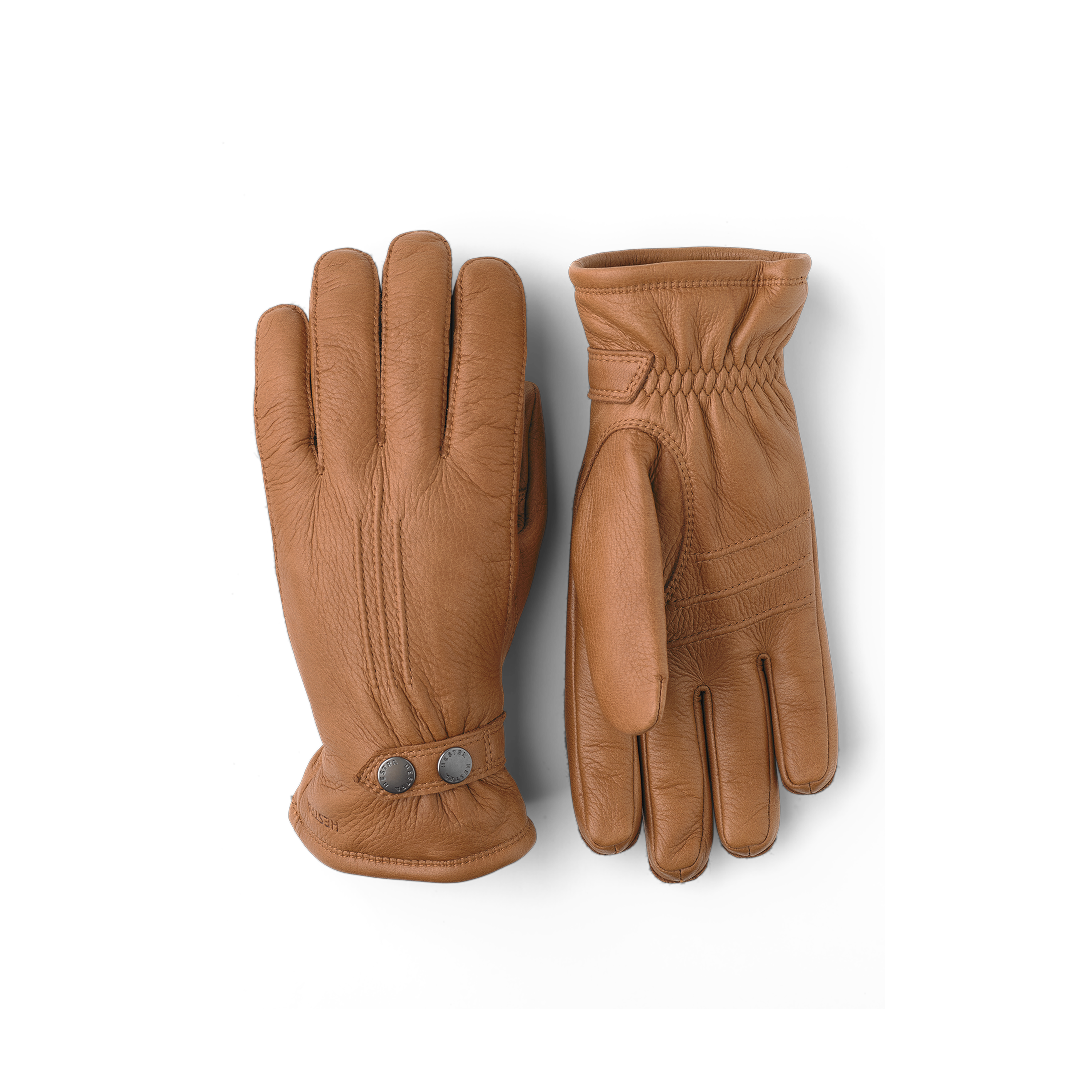 Light brown machine-sewn elk leather glove with leather strap and button