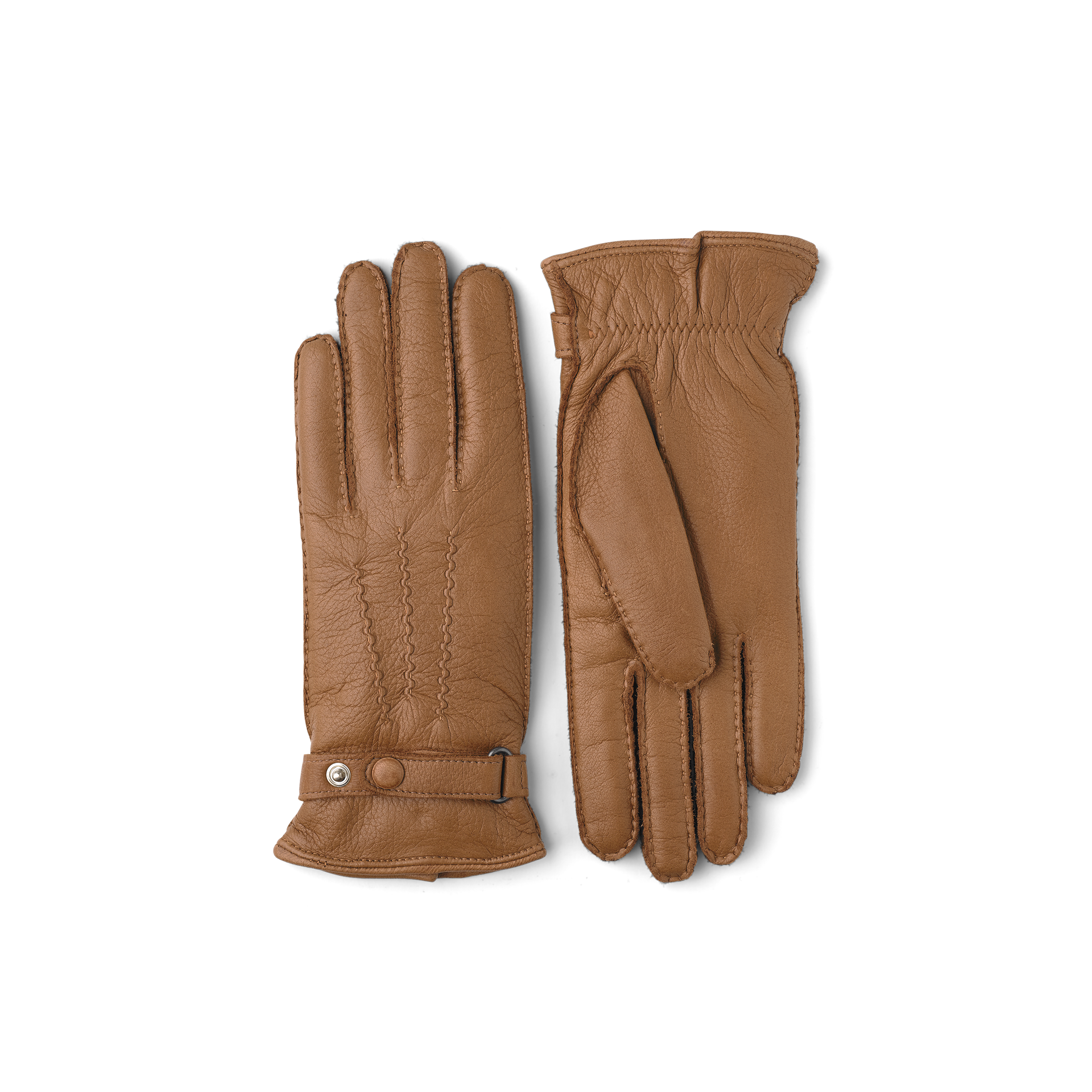 Light brown hand-sewn elk leather glove with leather strap and button
