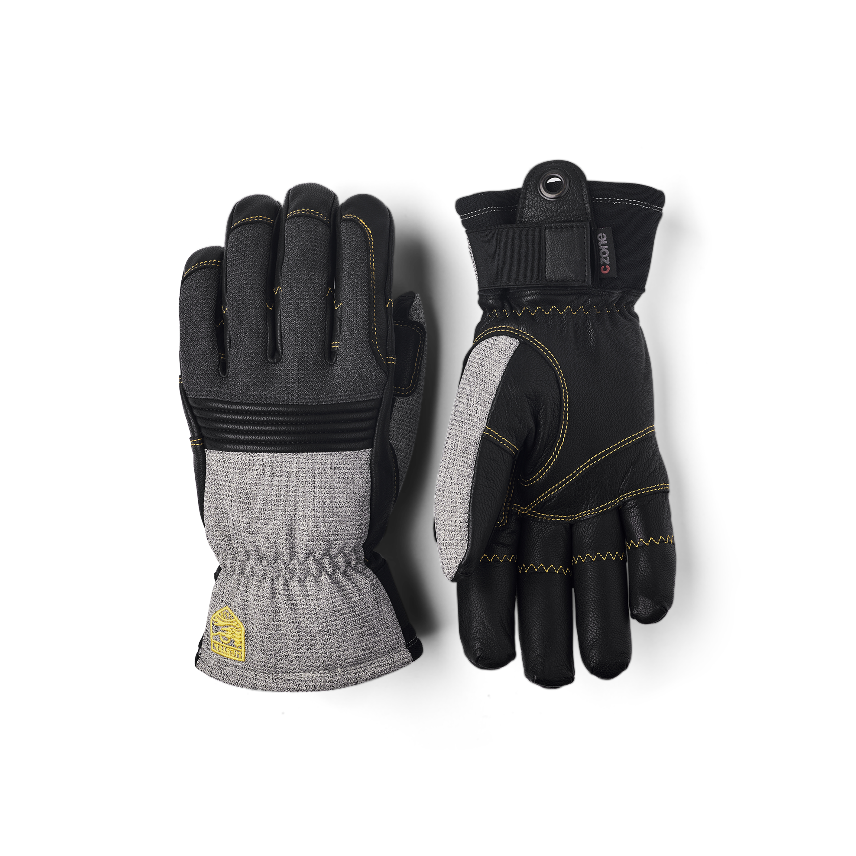 Gray cow hide ski glove with black goat leather palm