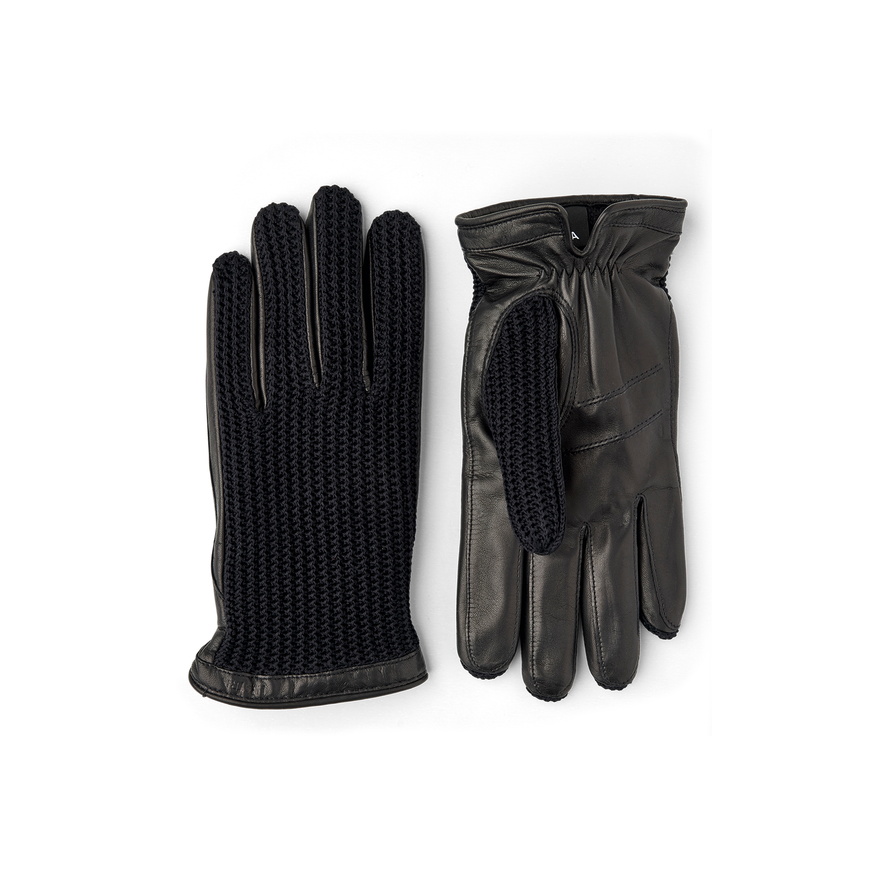 Black machine-sewn leather glove with crocheted cotton back