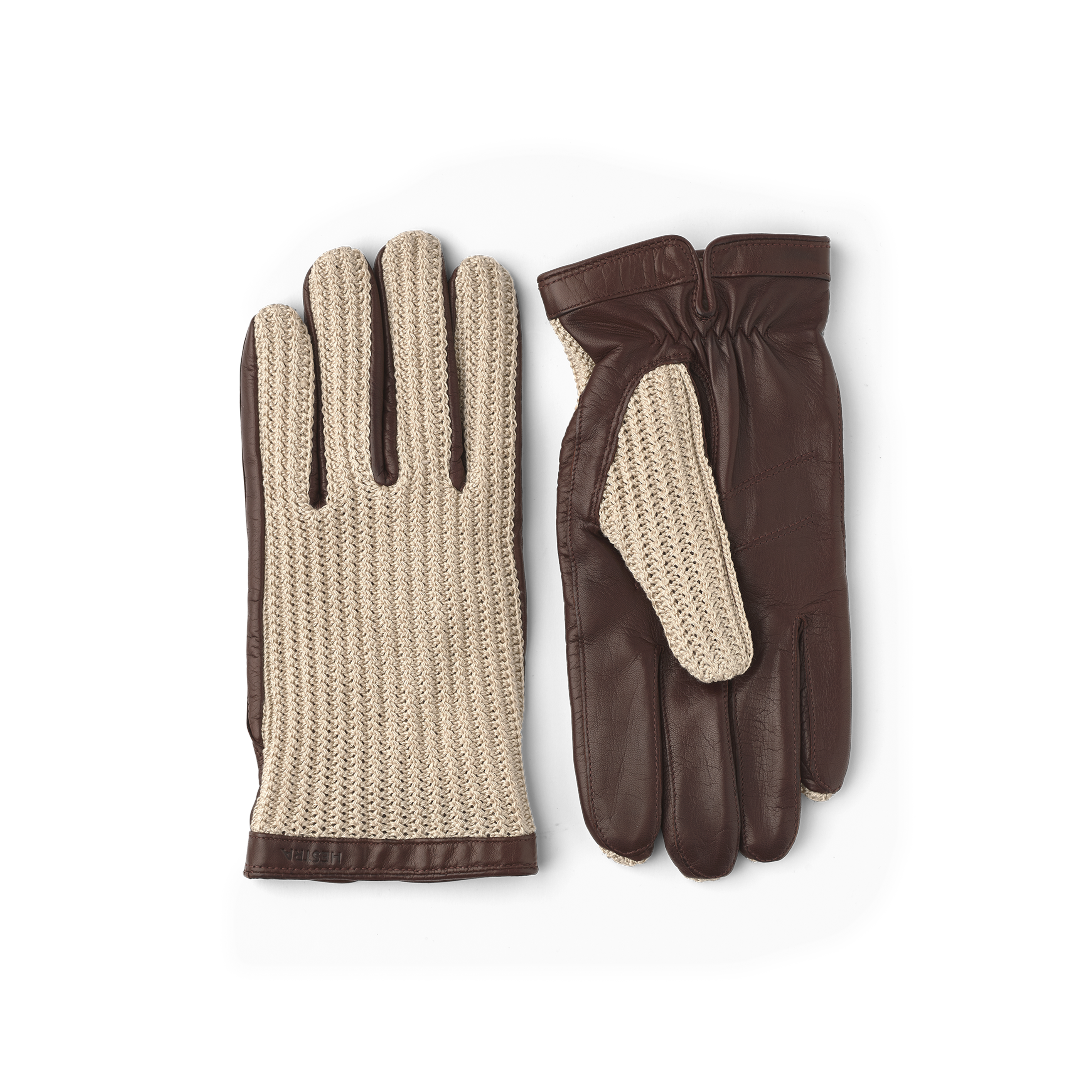 Brown machine-sewn leather glove with beige crocheted cotton back