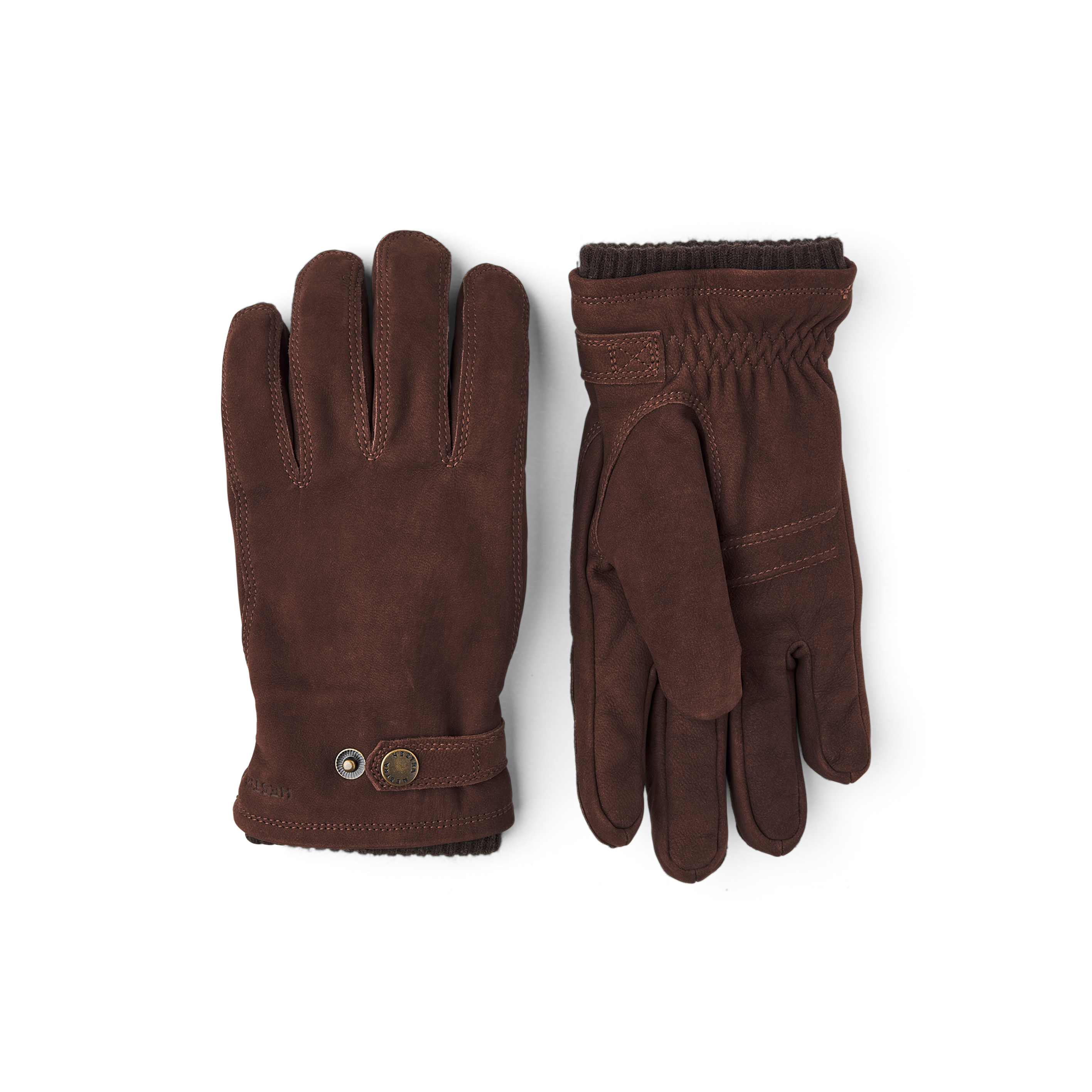 Dark brown machine-sewn goat nubuck glove with leather strap and button