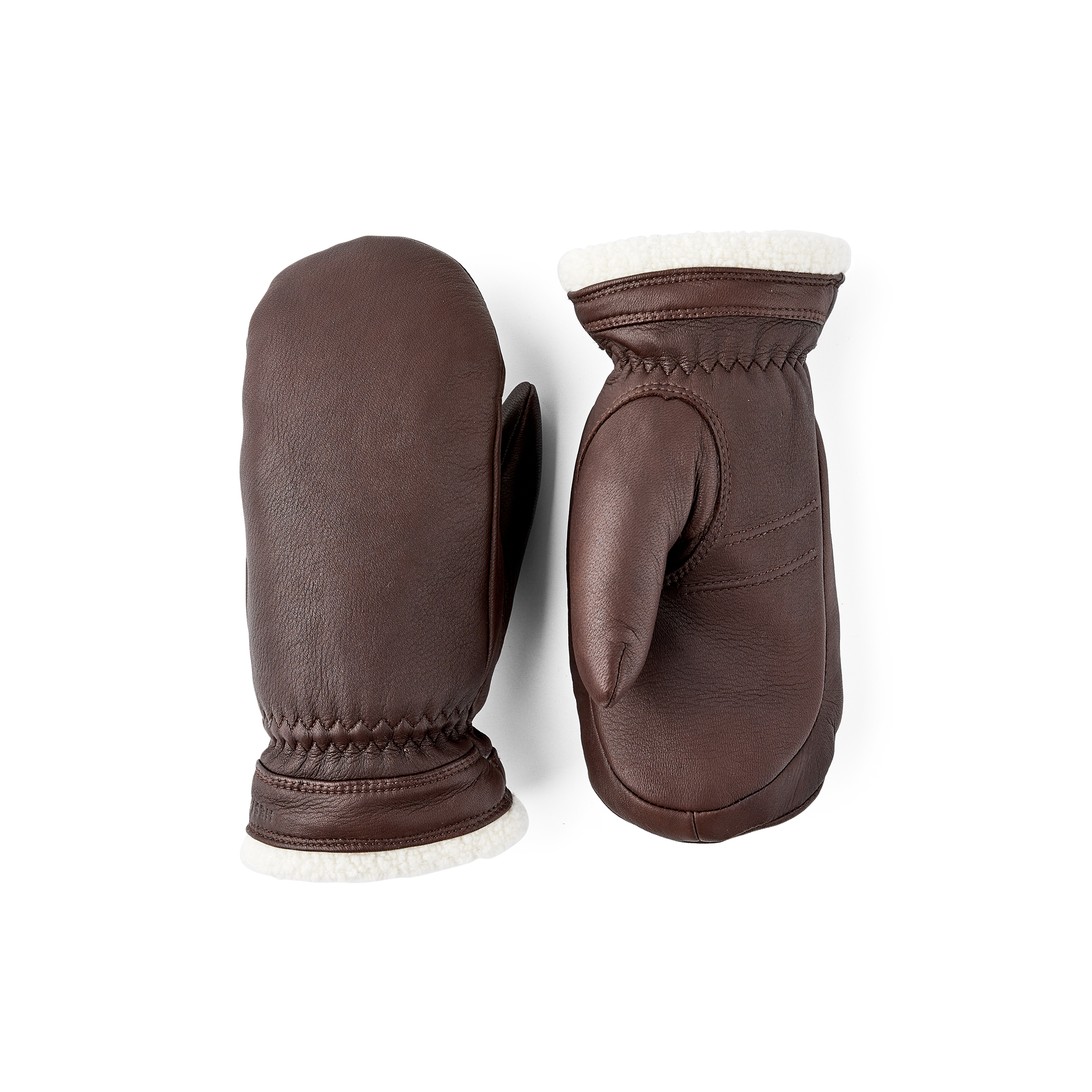 Brown deerskin mitten with white trim