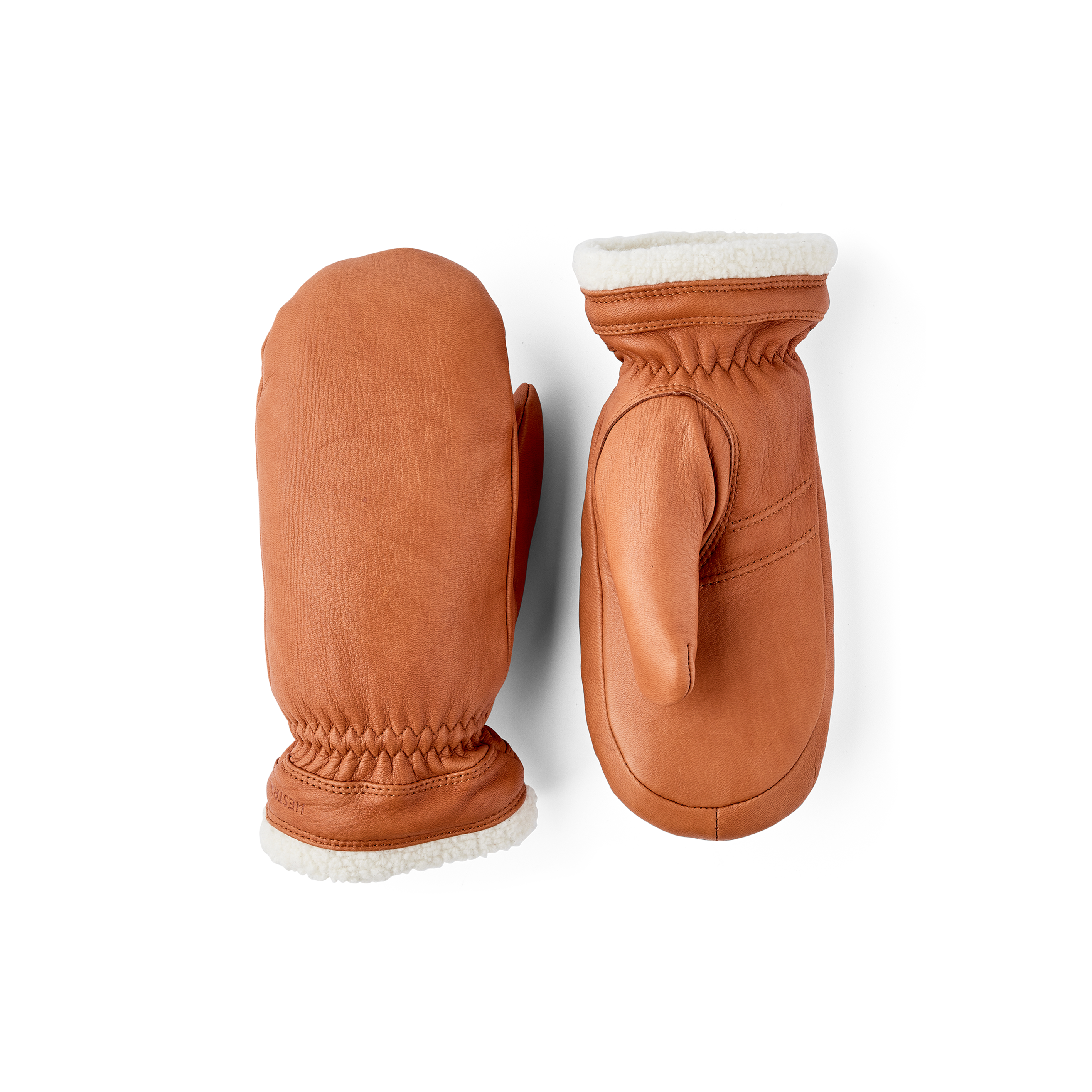 Light brown deerskin mitten with white trim