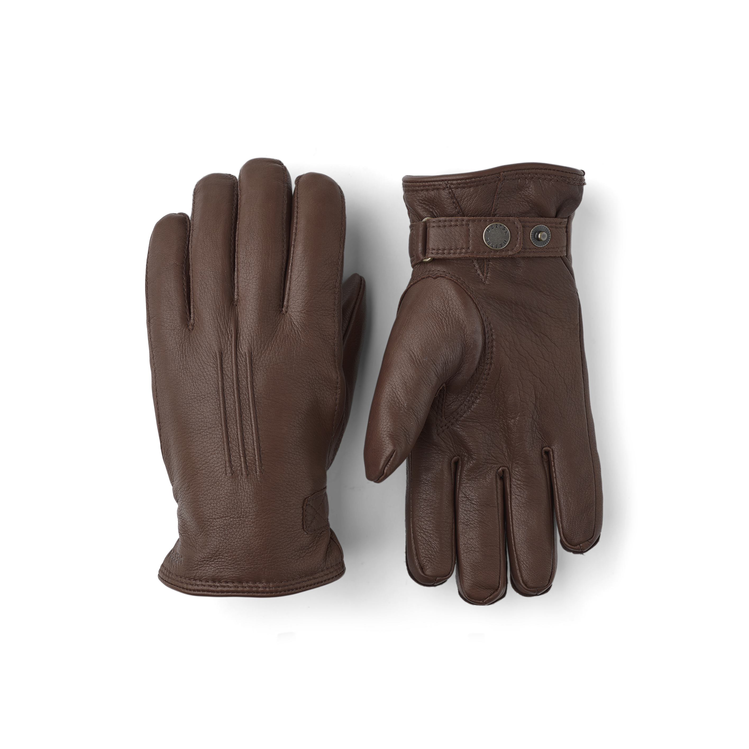 Brown machine-sewn deerskin glove with leather strap and button