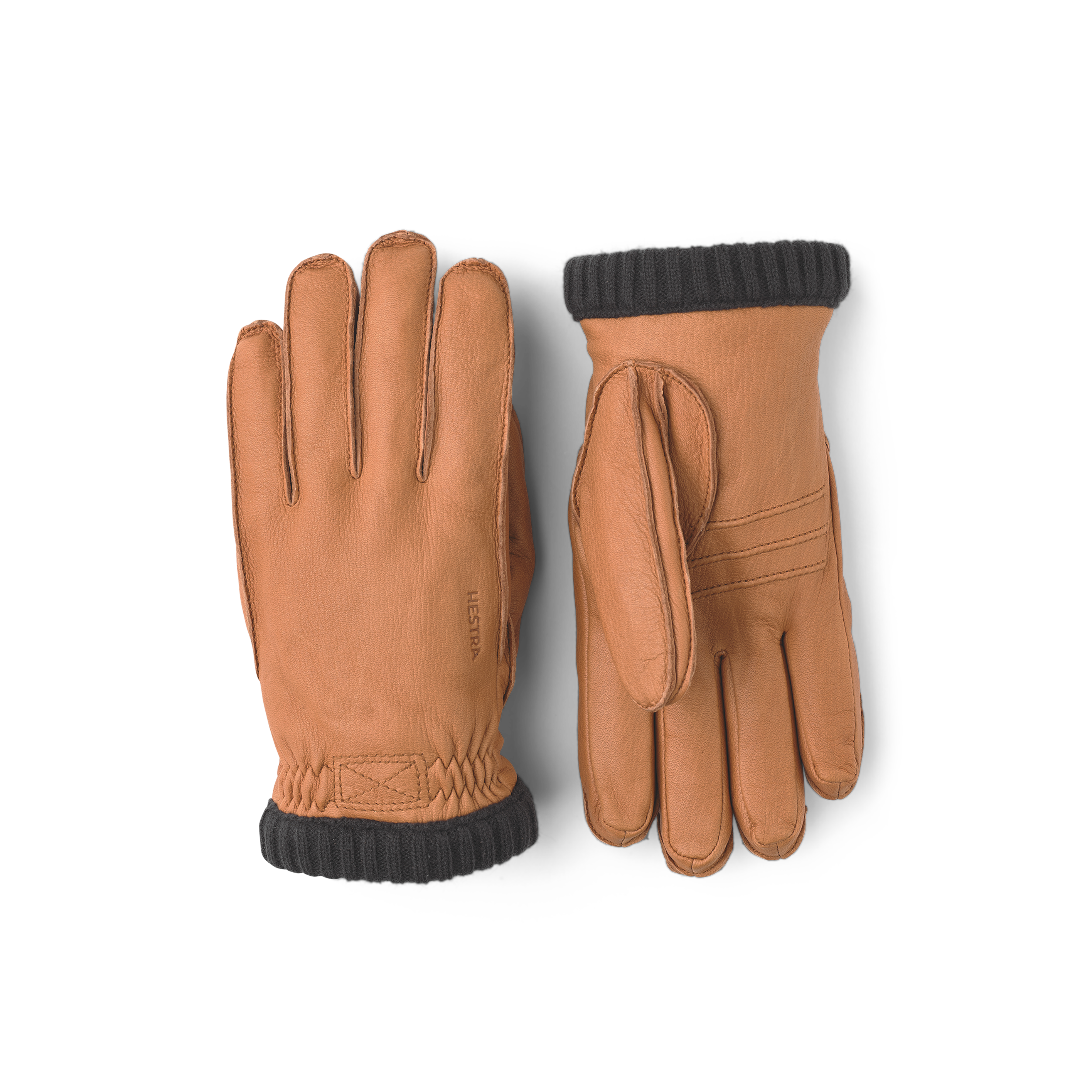 Light brown machine-sewn deerskin glove with knitted cuff