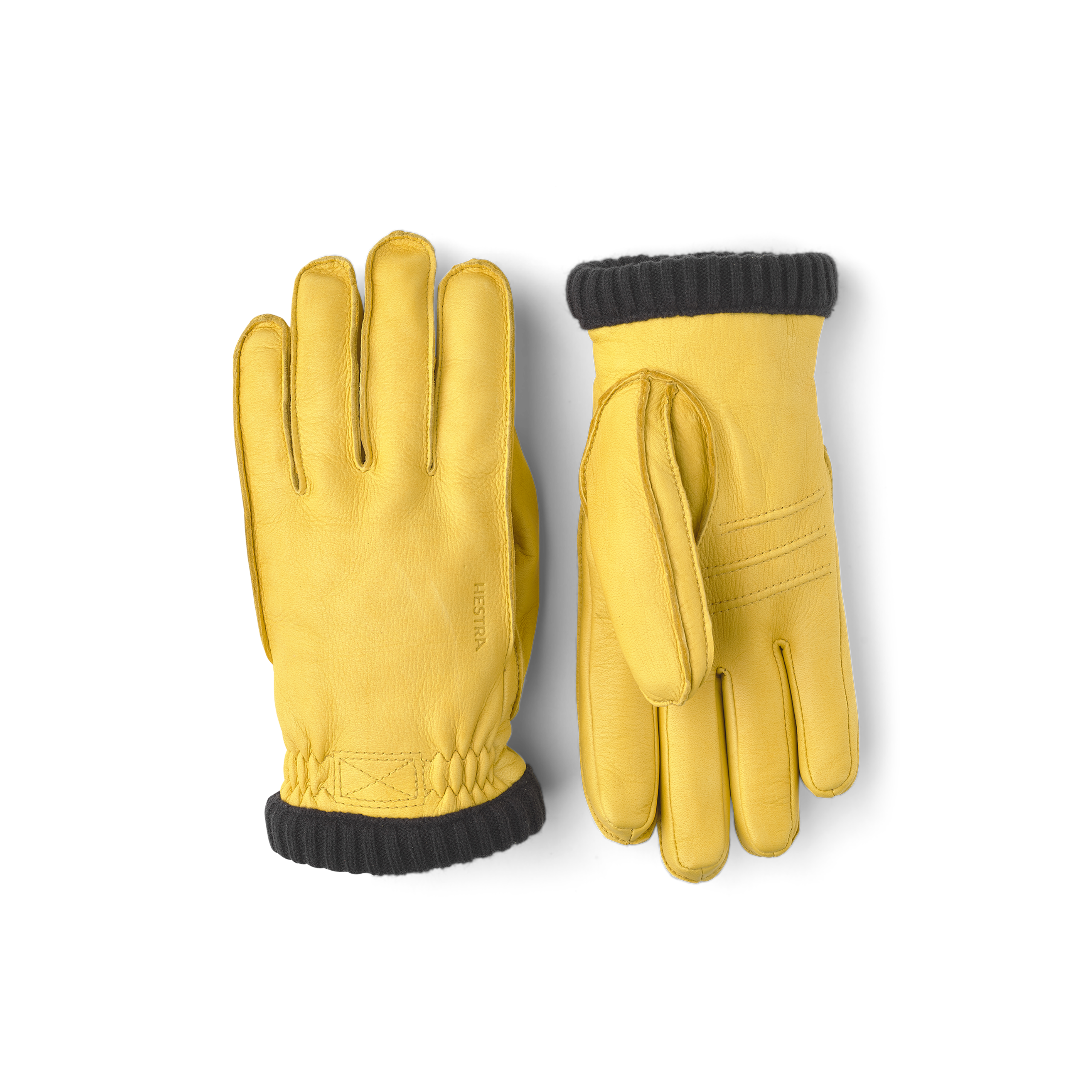Yellow machine-sewn deerskin glove with knitted cuff