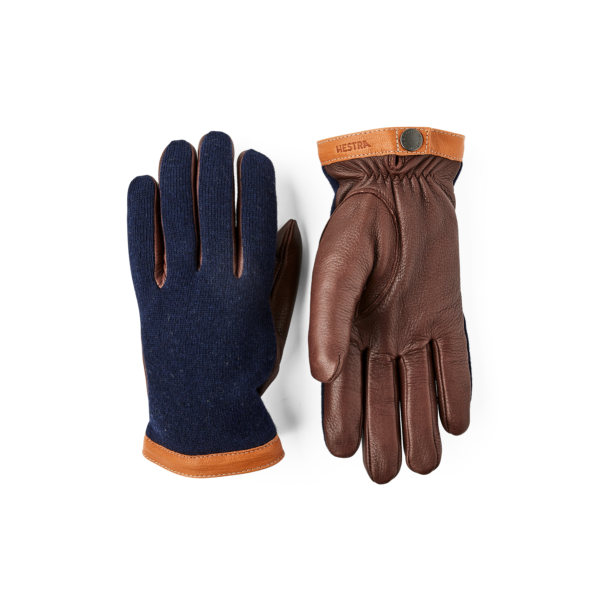 Brown machine-sewn deerskin glove with dark blue wool jersey back