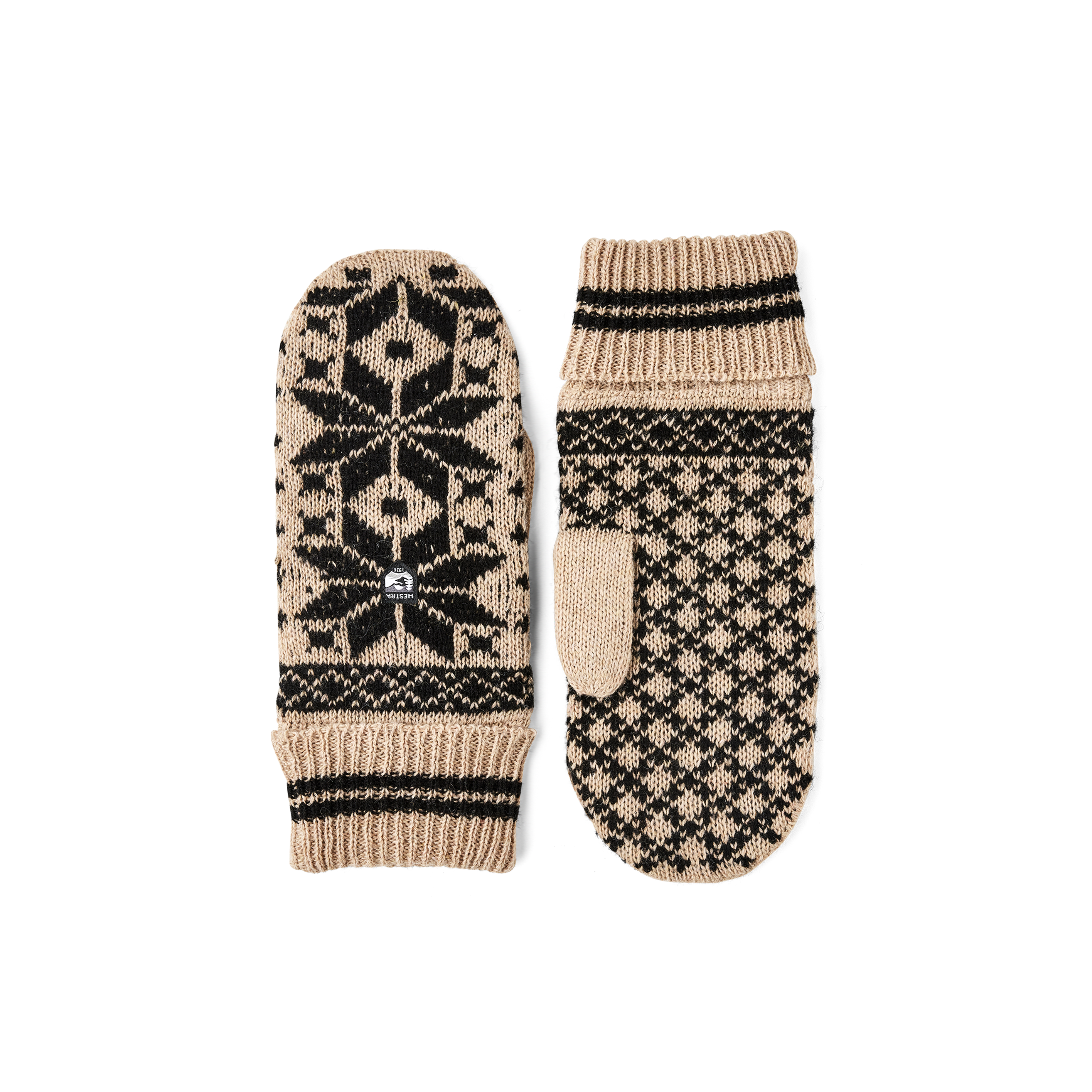 Beige knitted mitten in wool blend with pattern