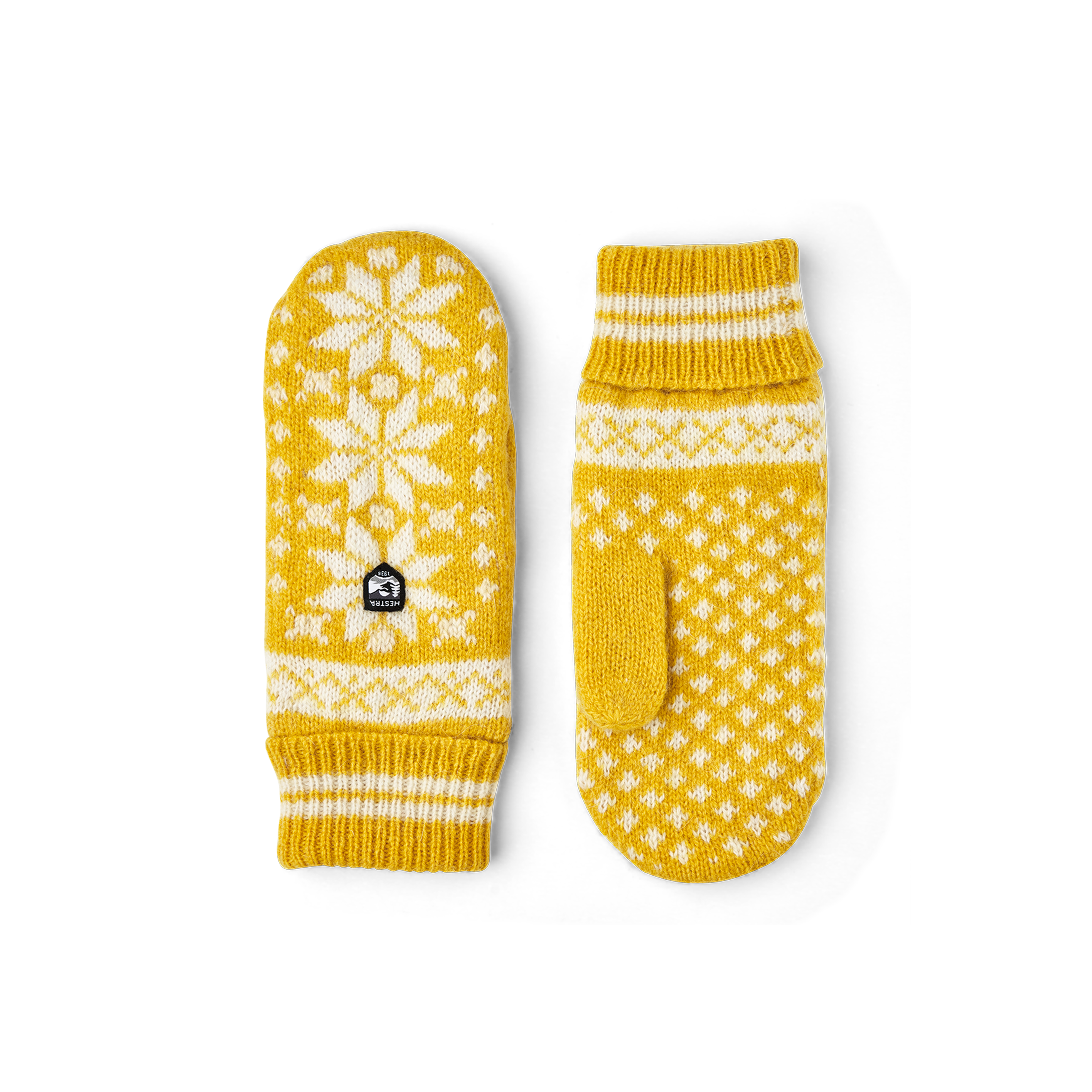 Yellow knitted mitten in wool blend with pattern