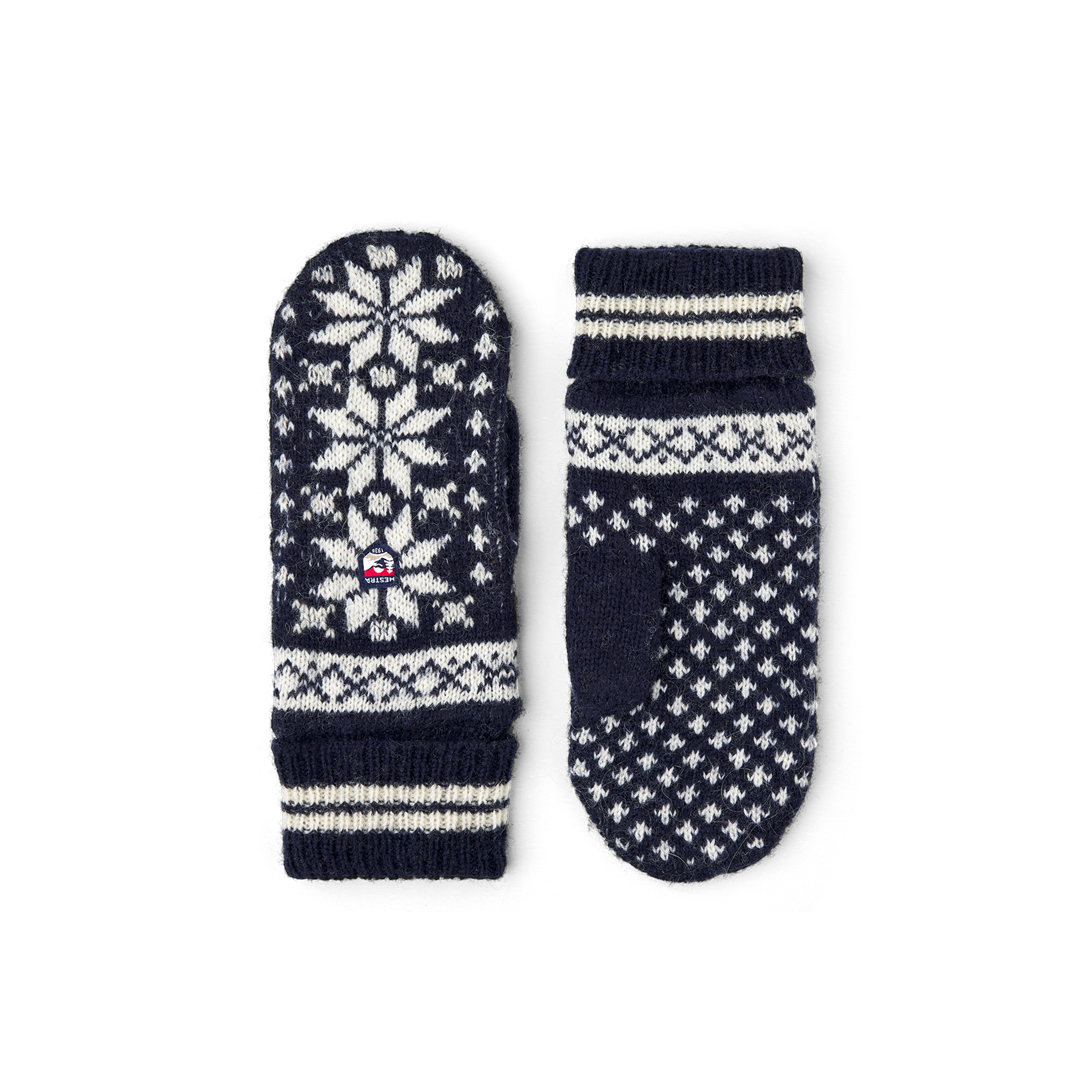 Dark blue knitted mitten in wool blend with pattern