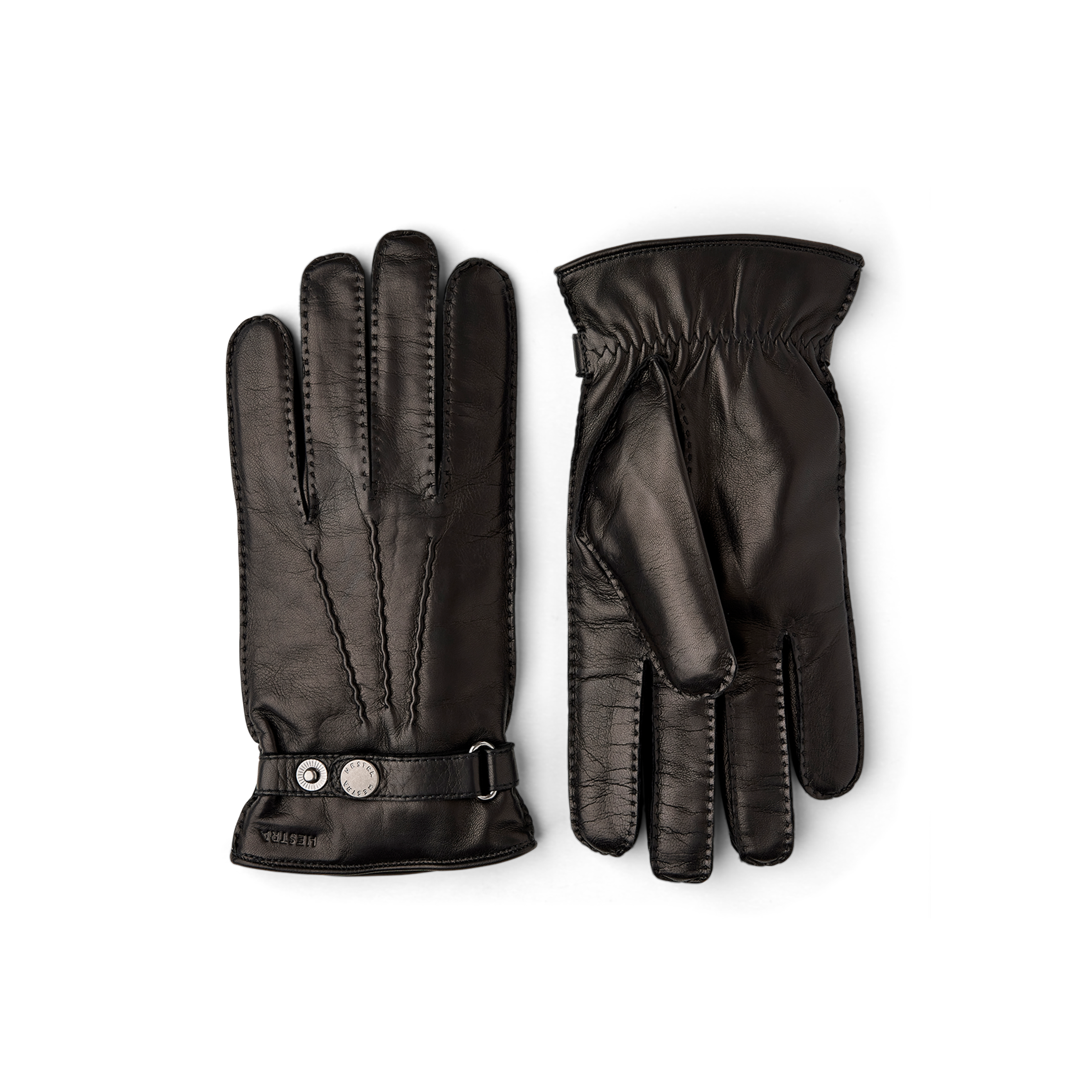 Black hand-sewn hairsheep leather glove with leather strap and button