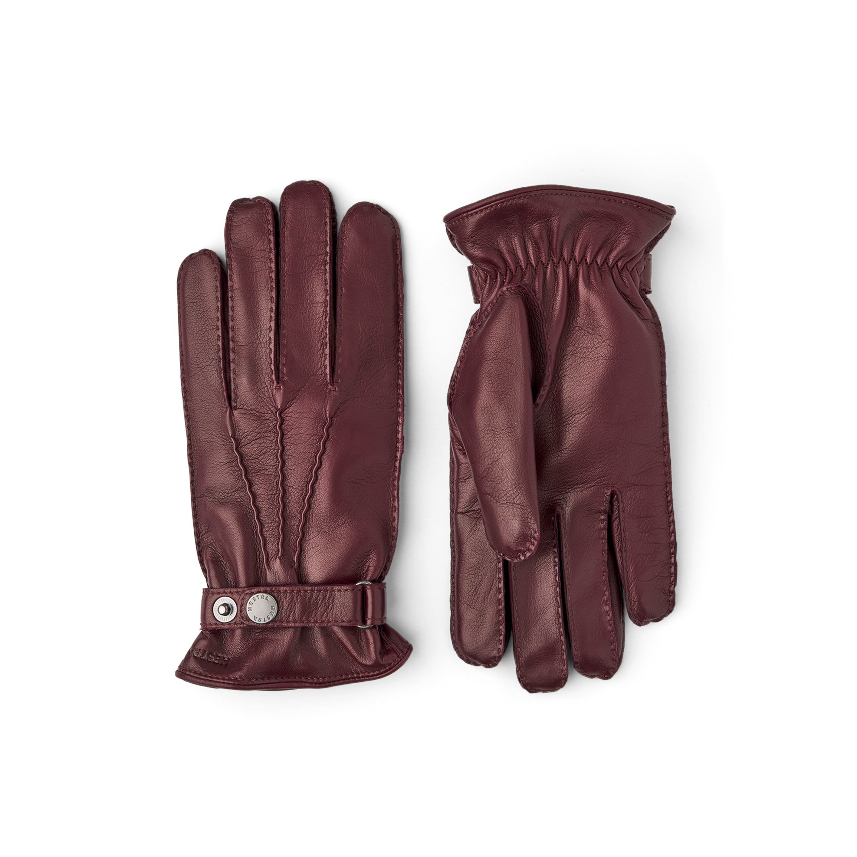 Wine red hand-sewn hairsheep leather glove with leather strap and button
