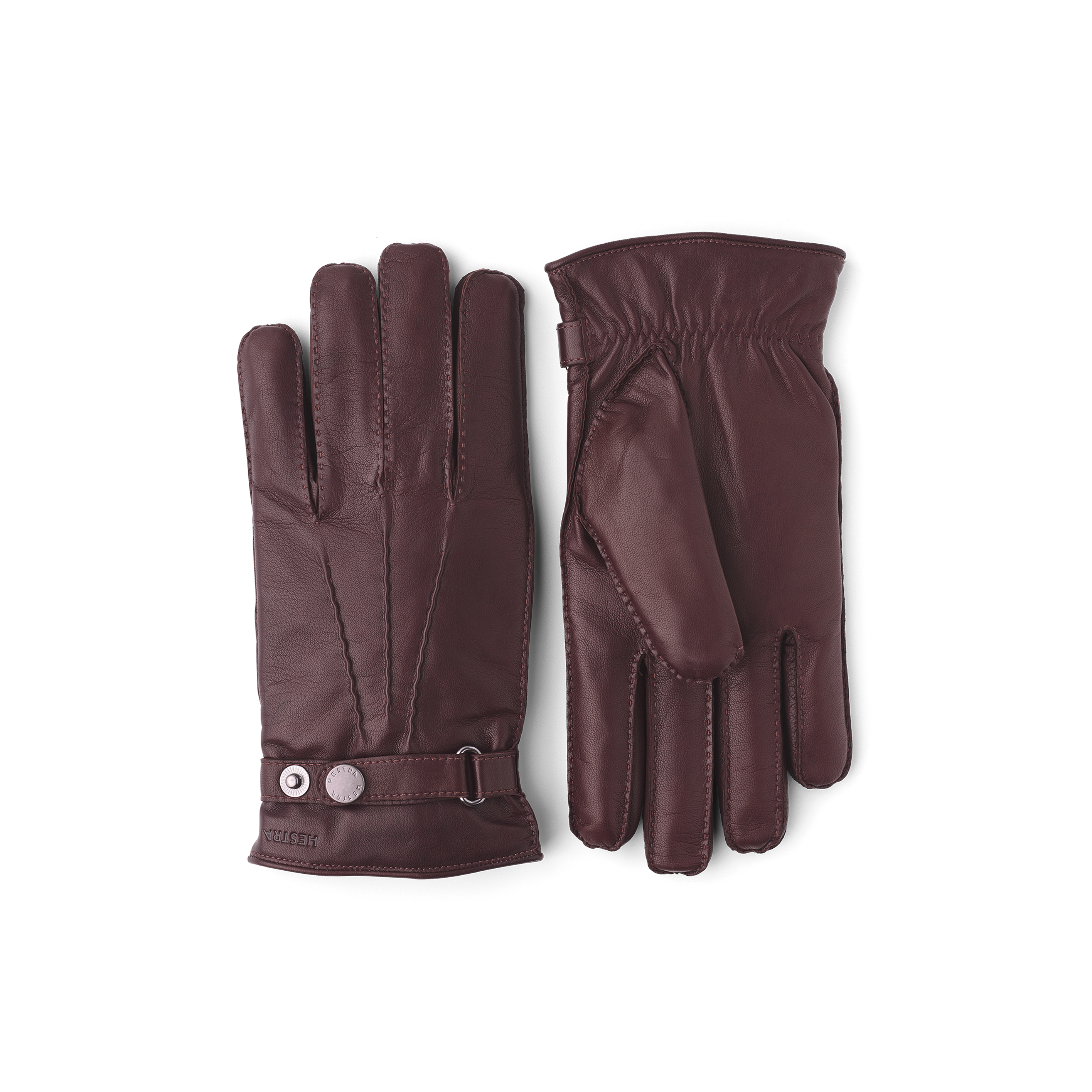 Brown hand-sewn hairsheep leather glove with leather strap and button