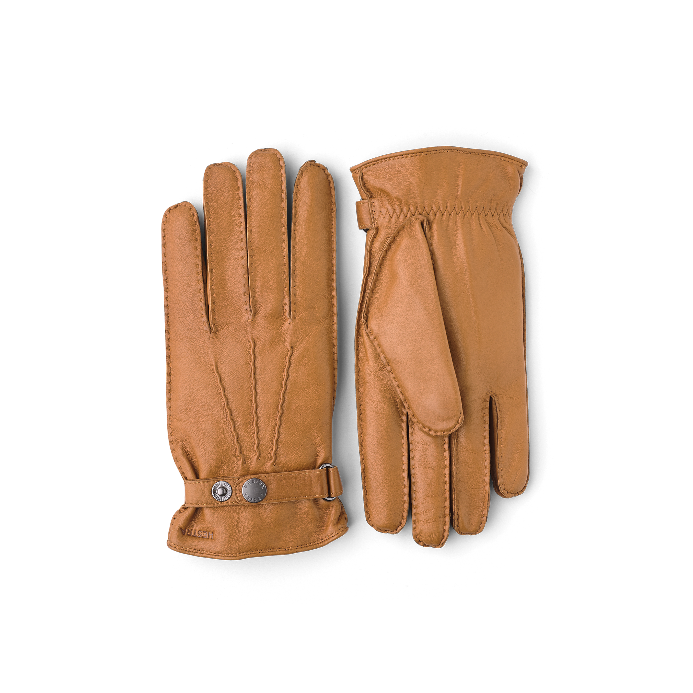 Light brownish-yellow hand-sewn hairsheep leather glove with leather strap and button