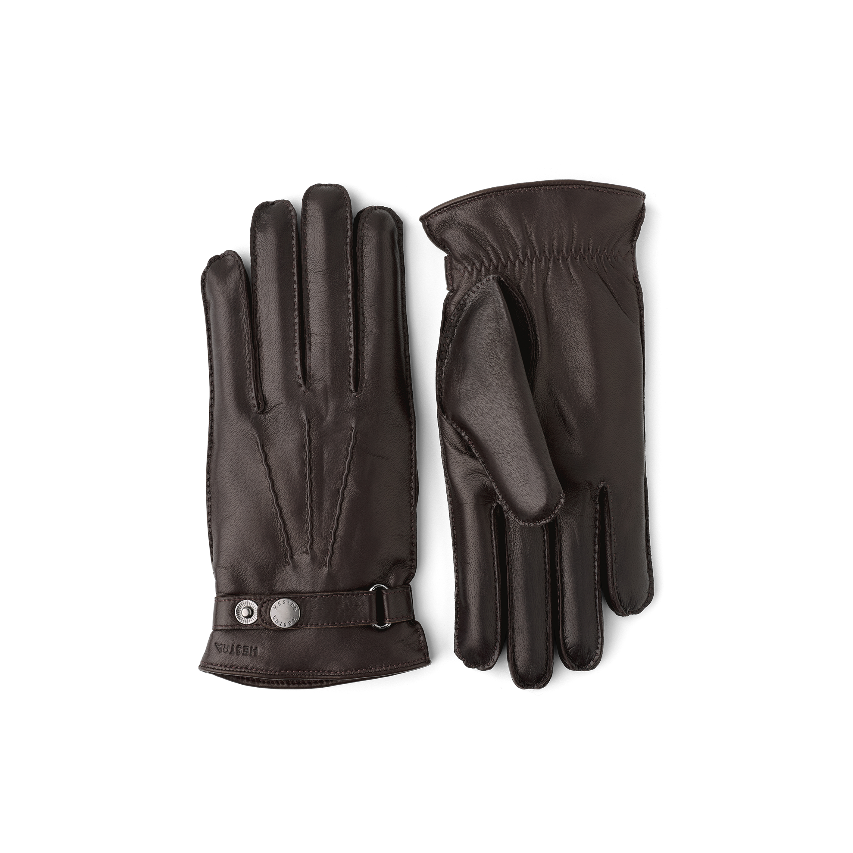 Dark brown hand-sewn hairsheep leather glove with leather strap and button