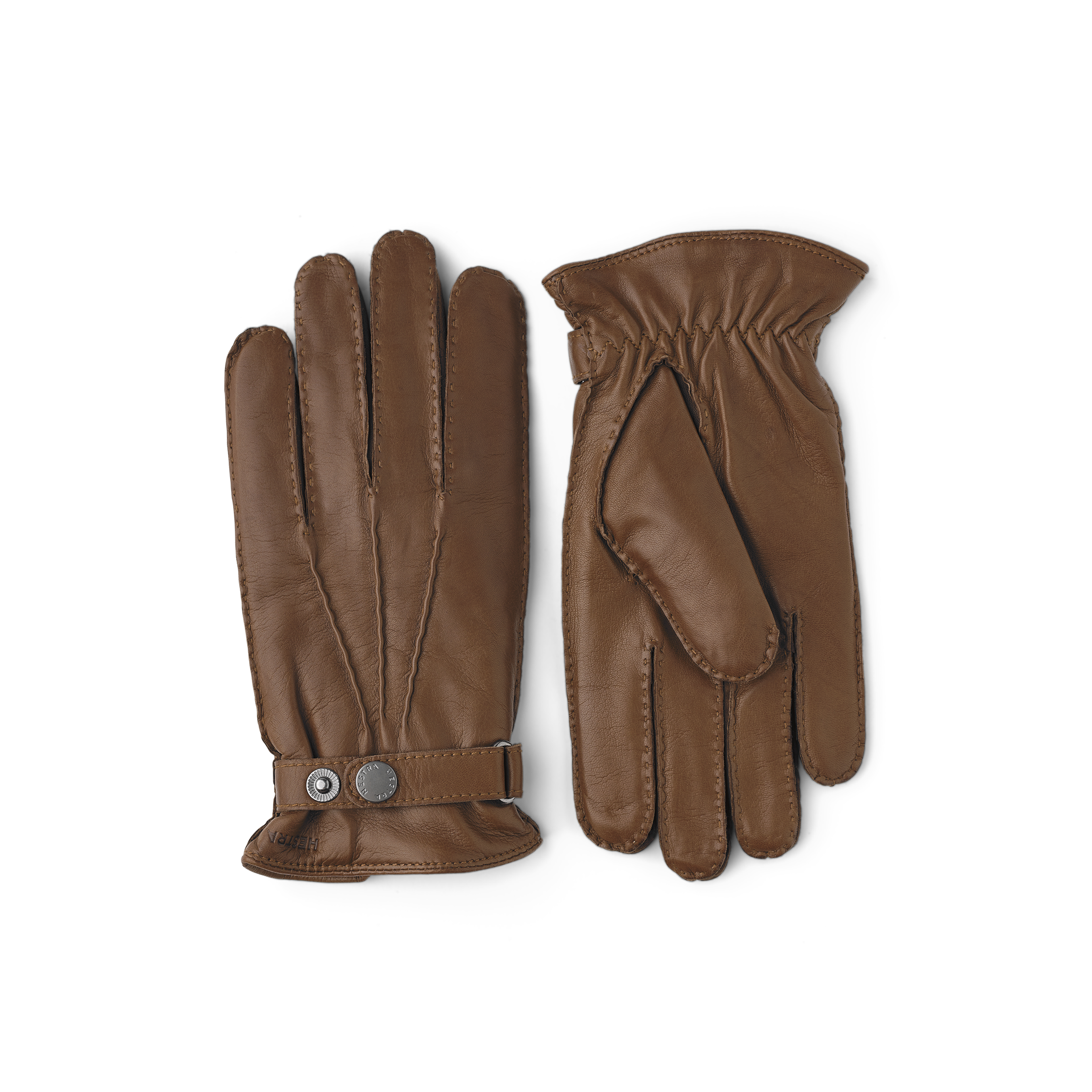Light brown hand-sewn hairsheep leather glove with leather strap and button