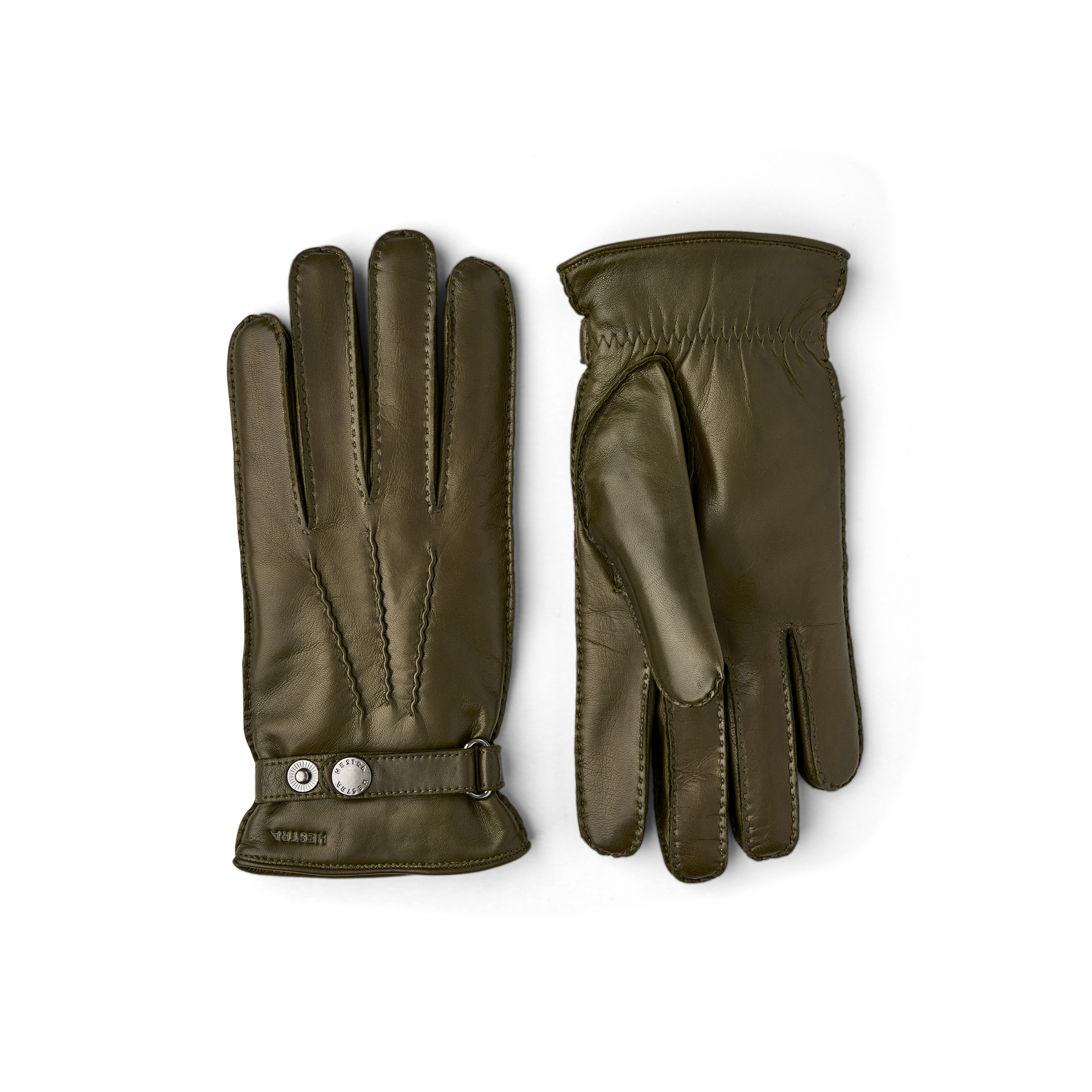 Moss green hand-sewn hairsheep leather glove with leather strap and button