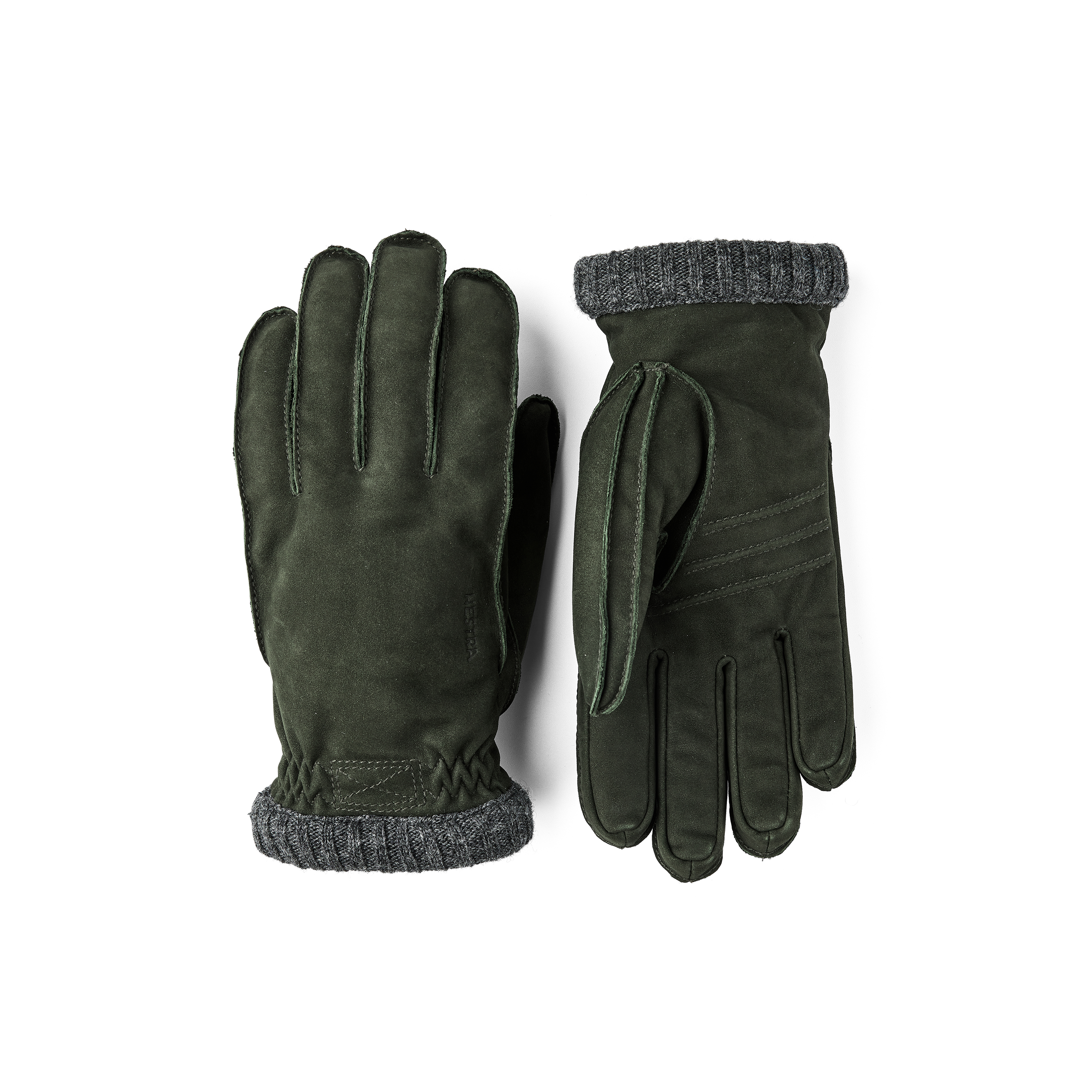 Dark green machine-sewn goat suede glove with gray knitted cuff