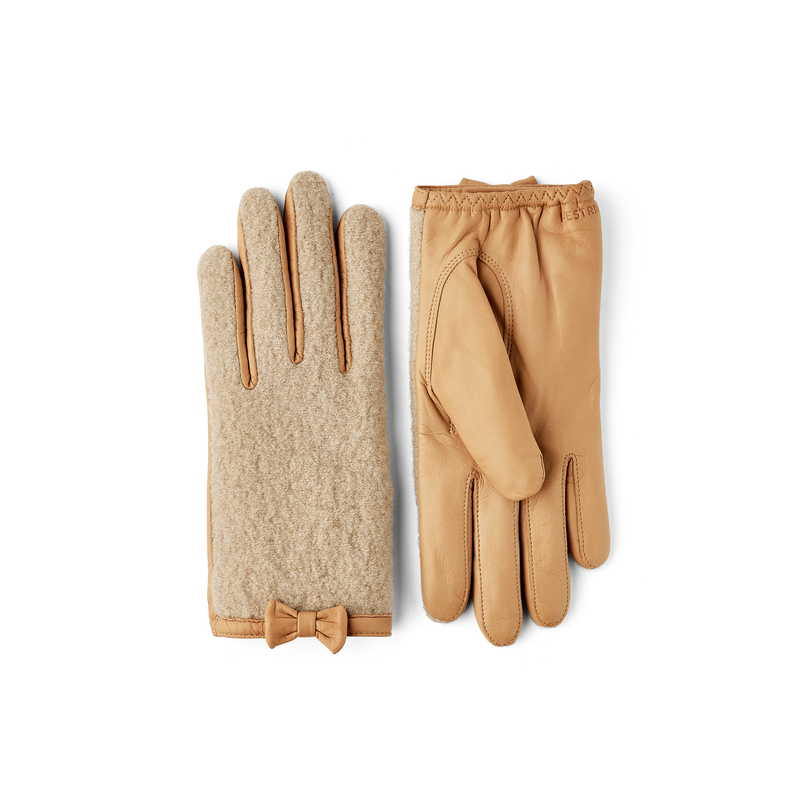 Green hairsheep leather glove with bouclé knitted back and small bow