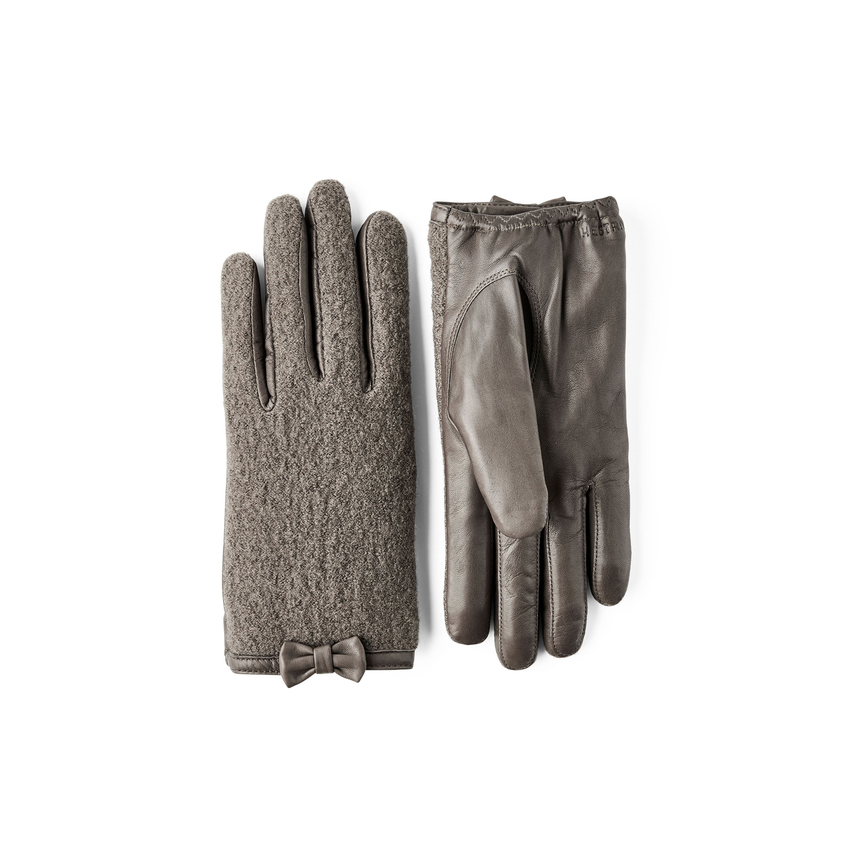 Green hairsheep leather glove with bouclé knitted back and small bow