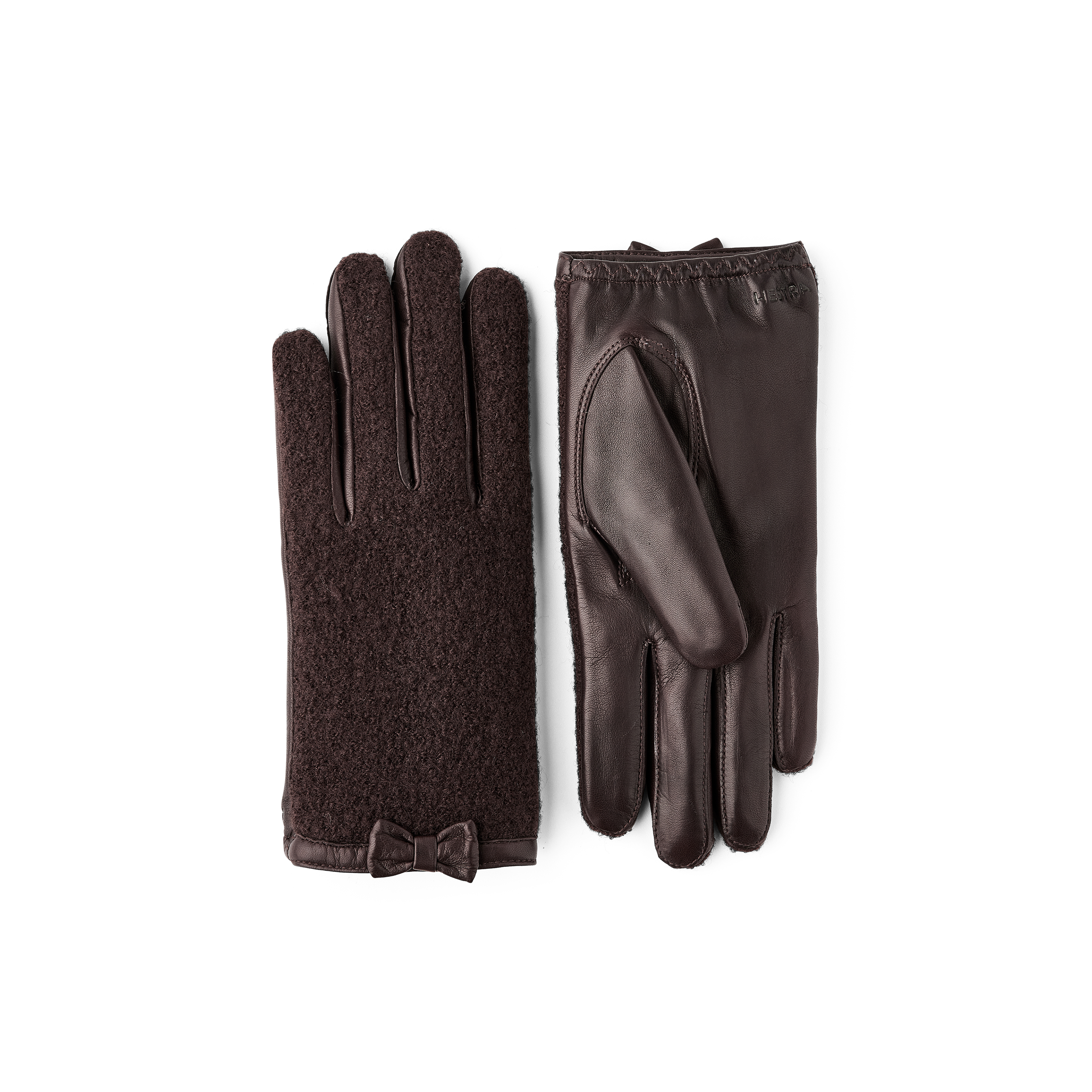 Dark brown hairsheep leather glove with bouclé knitted back and small bow