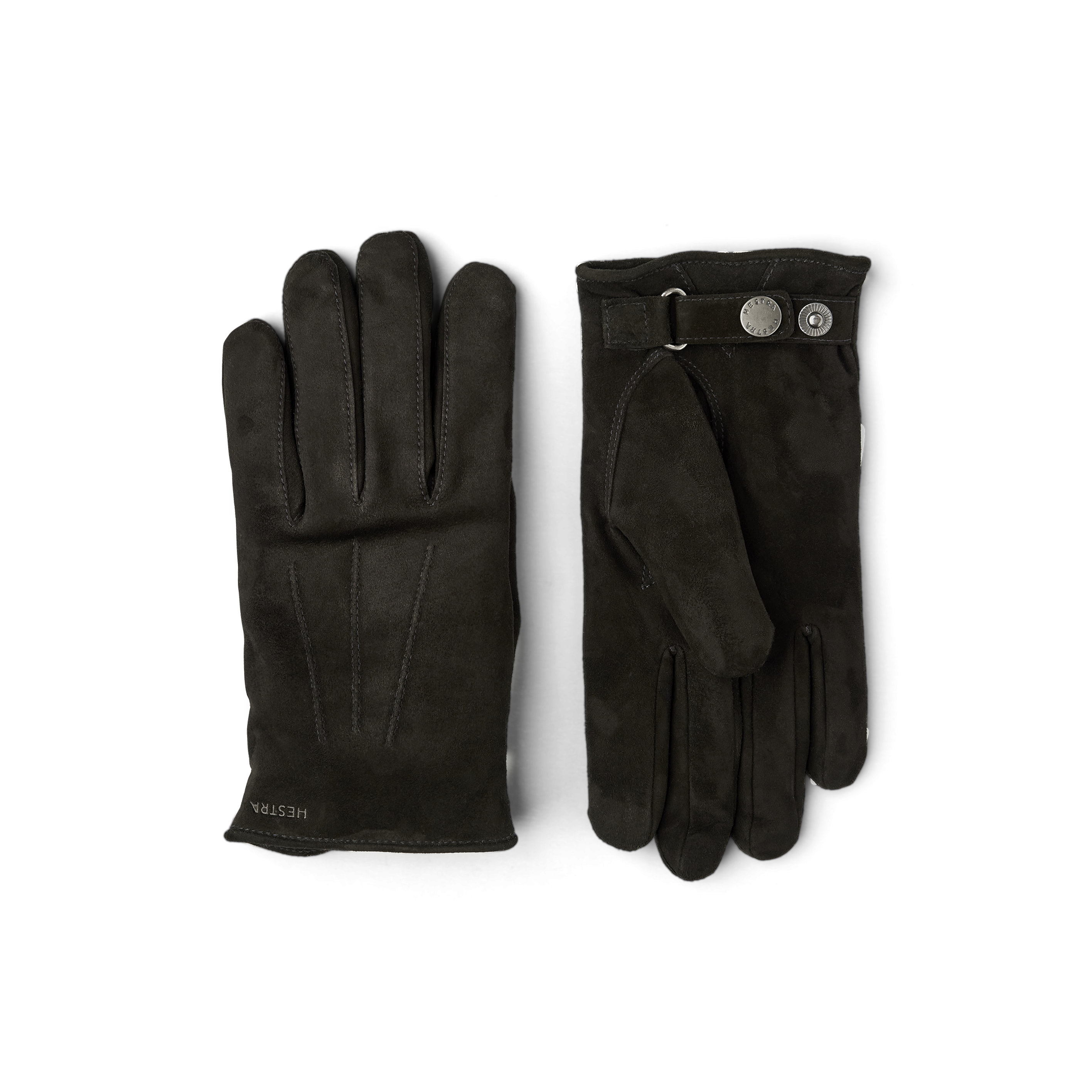 Black machine-sewn suede glove with leather strap and button