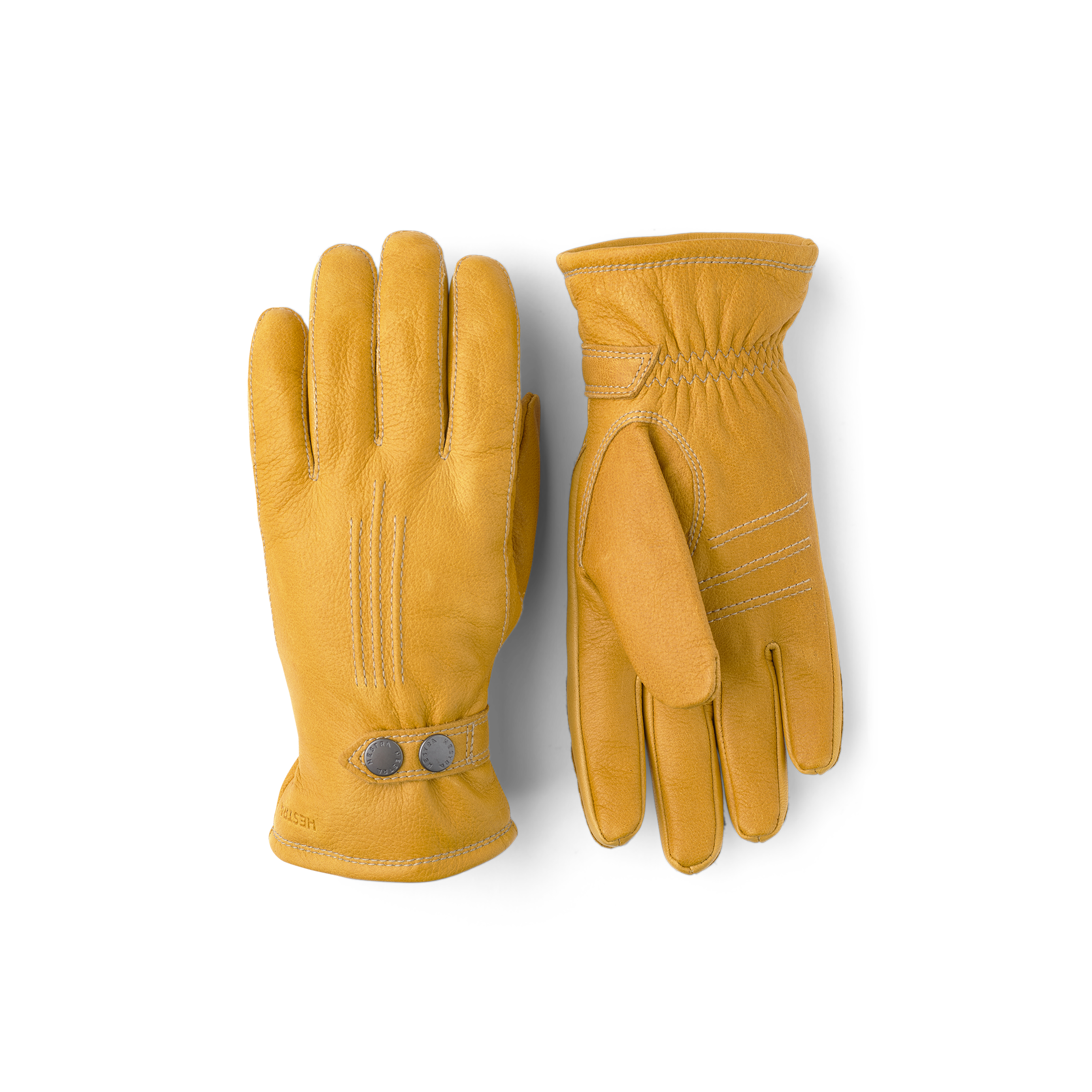 Yellow machine-sewn elk leather glove with leather strap and button