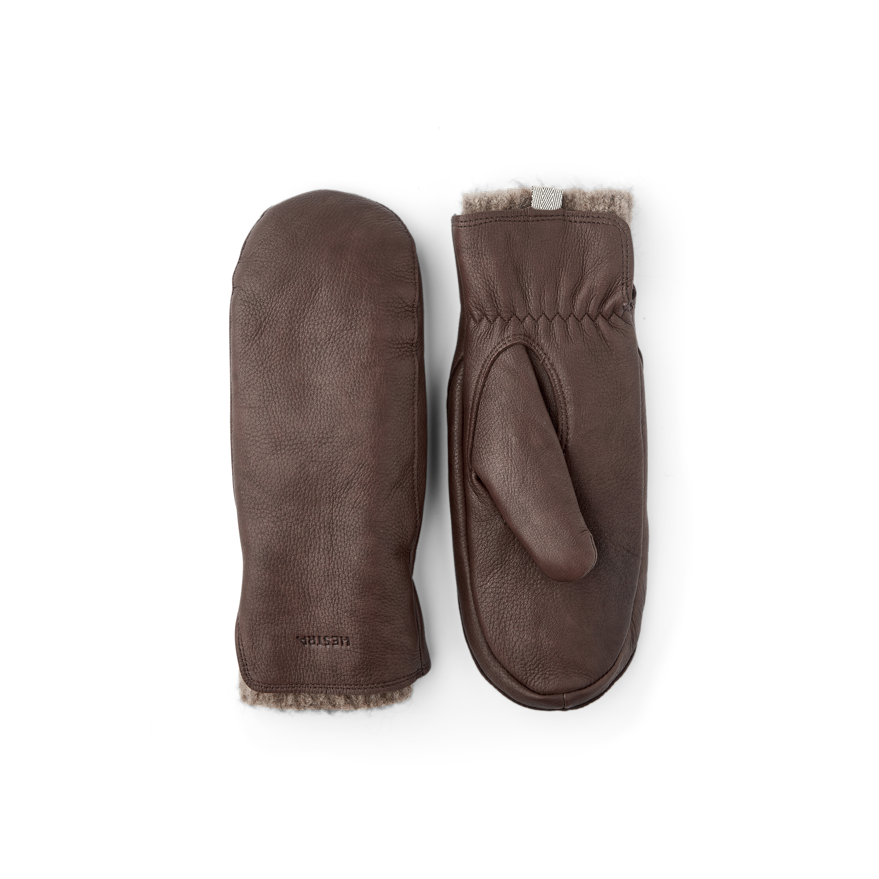Brown deerskin mitten with extended wool lining