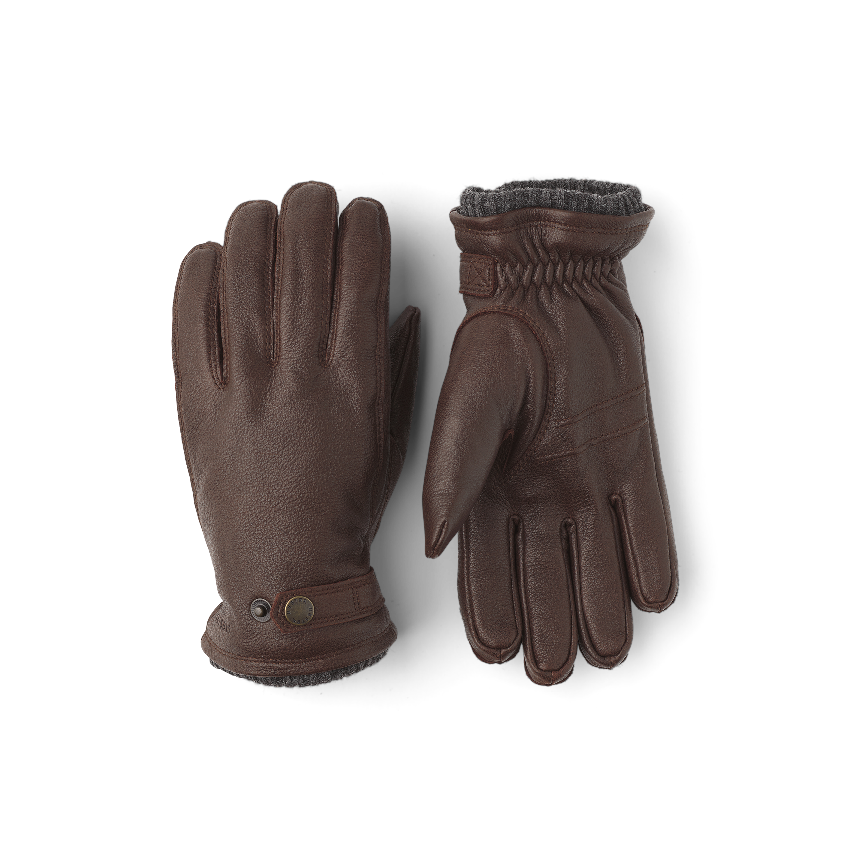Dark brown machine-sewn elk leather glove with leather strap and button