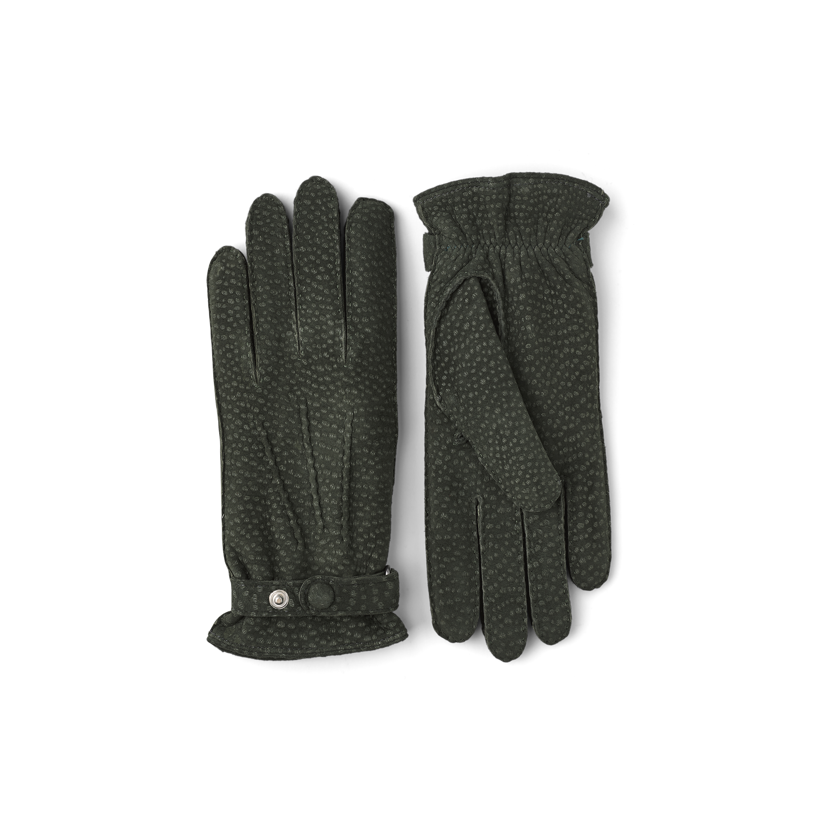Dark green hand-sewn glove in carpincho nubuck with leather strap and button