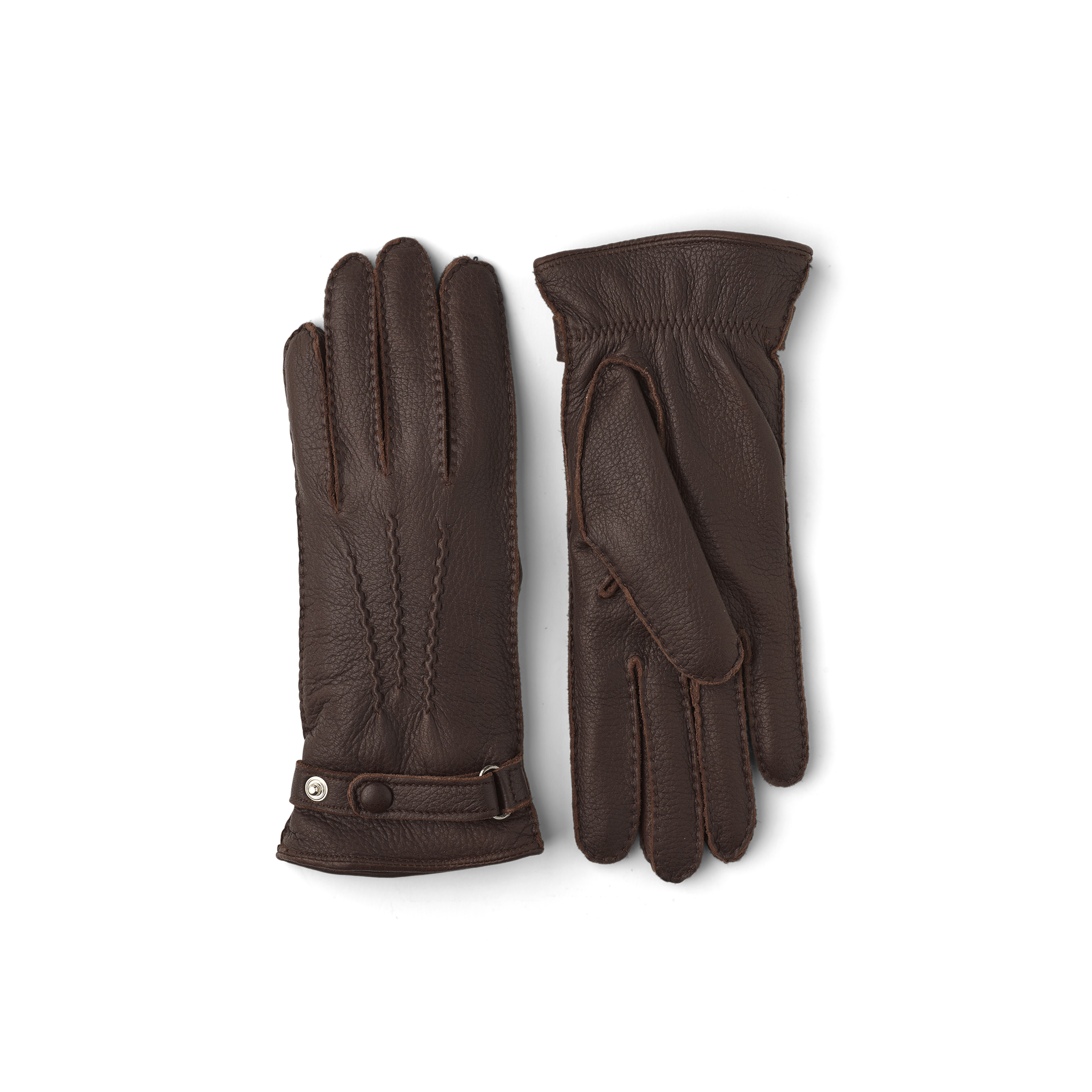 Dark brown hand-sewn elk leather glove with leather strap and button