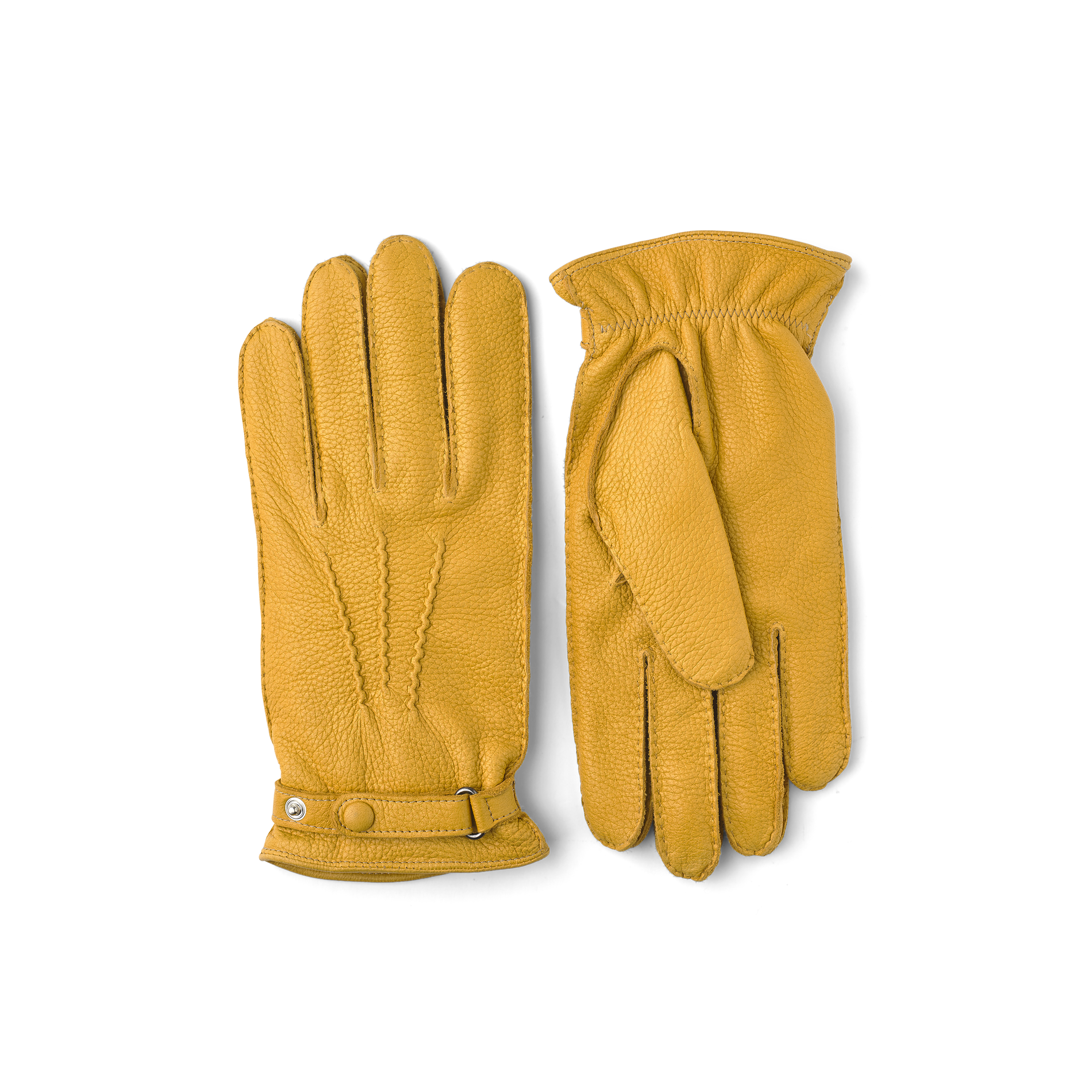 Yellow hand-sewn elk leather glove with leather strap and button