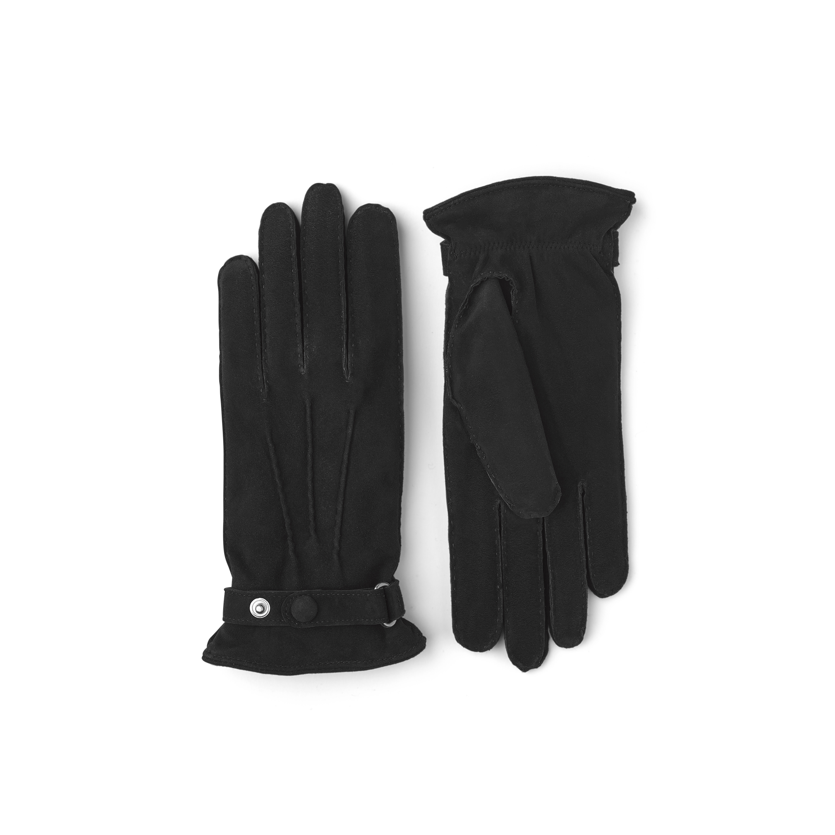 Black hand-sewn suede glove with leather strap and button