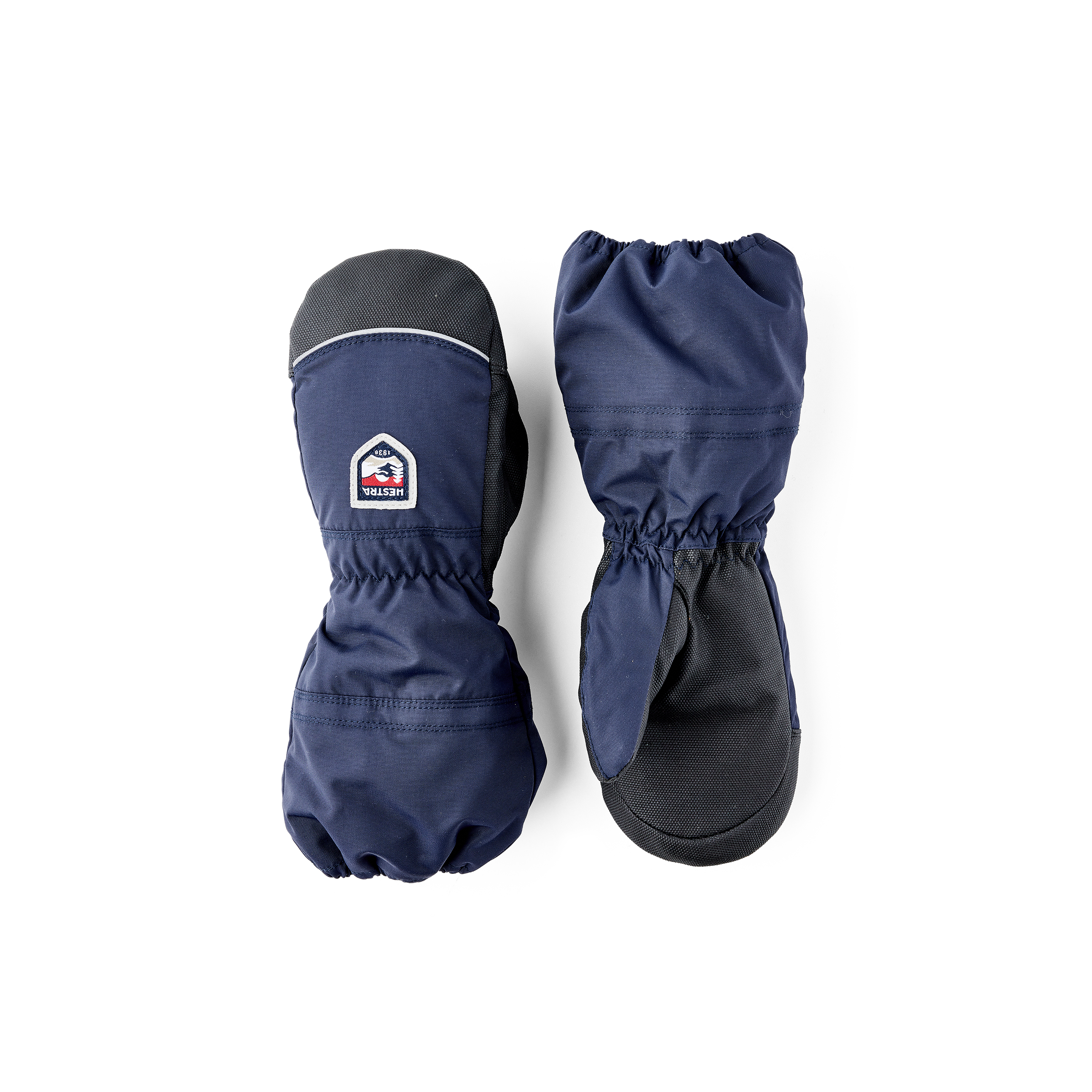 Dark blue fabric mitten with black palm