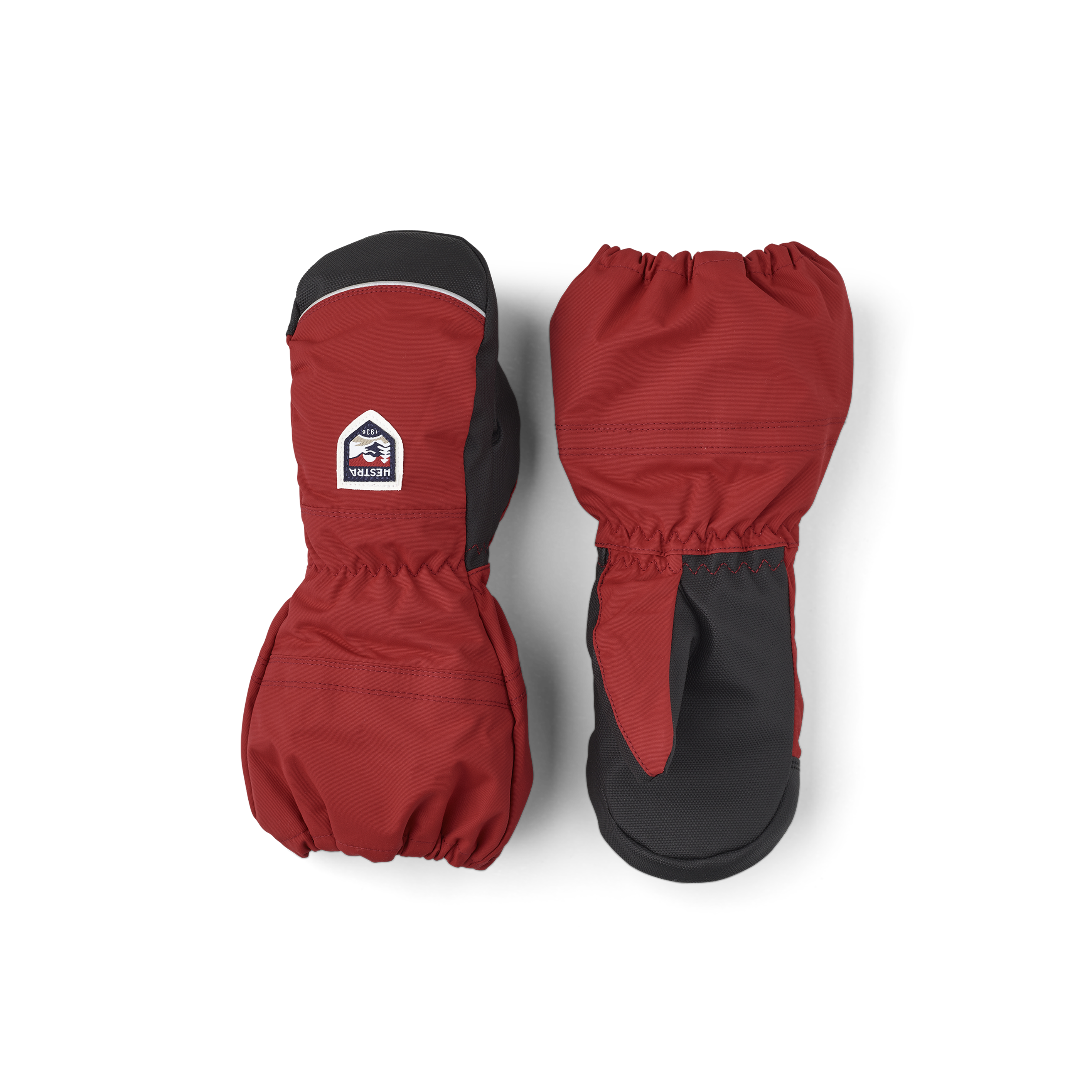 Red fabric mitten with black palm