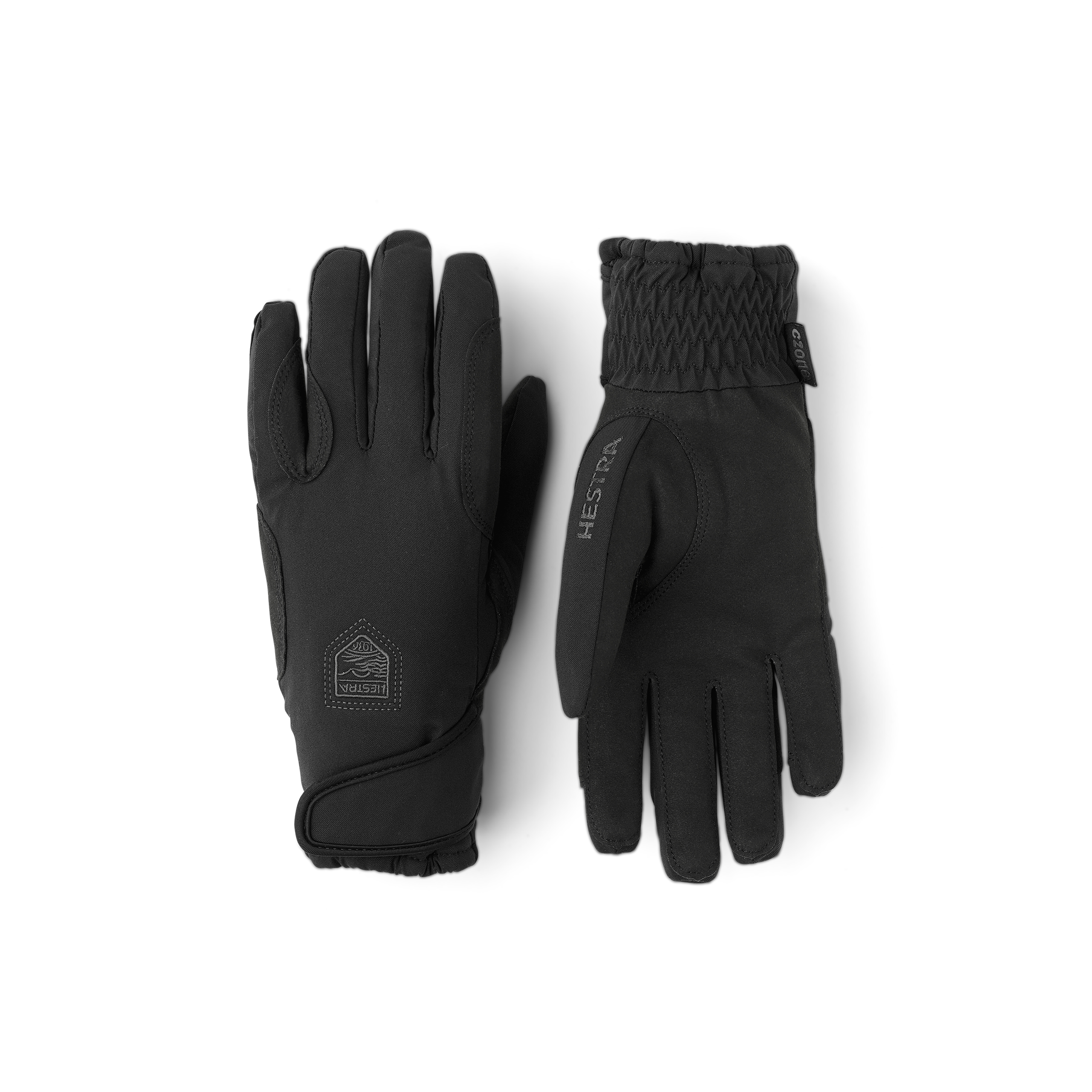 Black fabric riding glove with synthetic suede palm