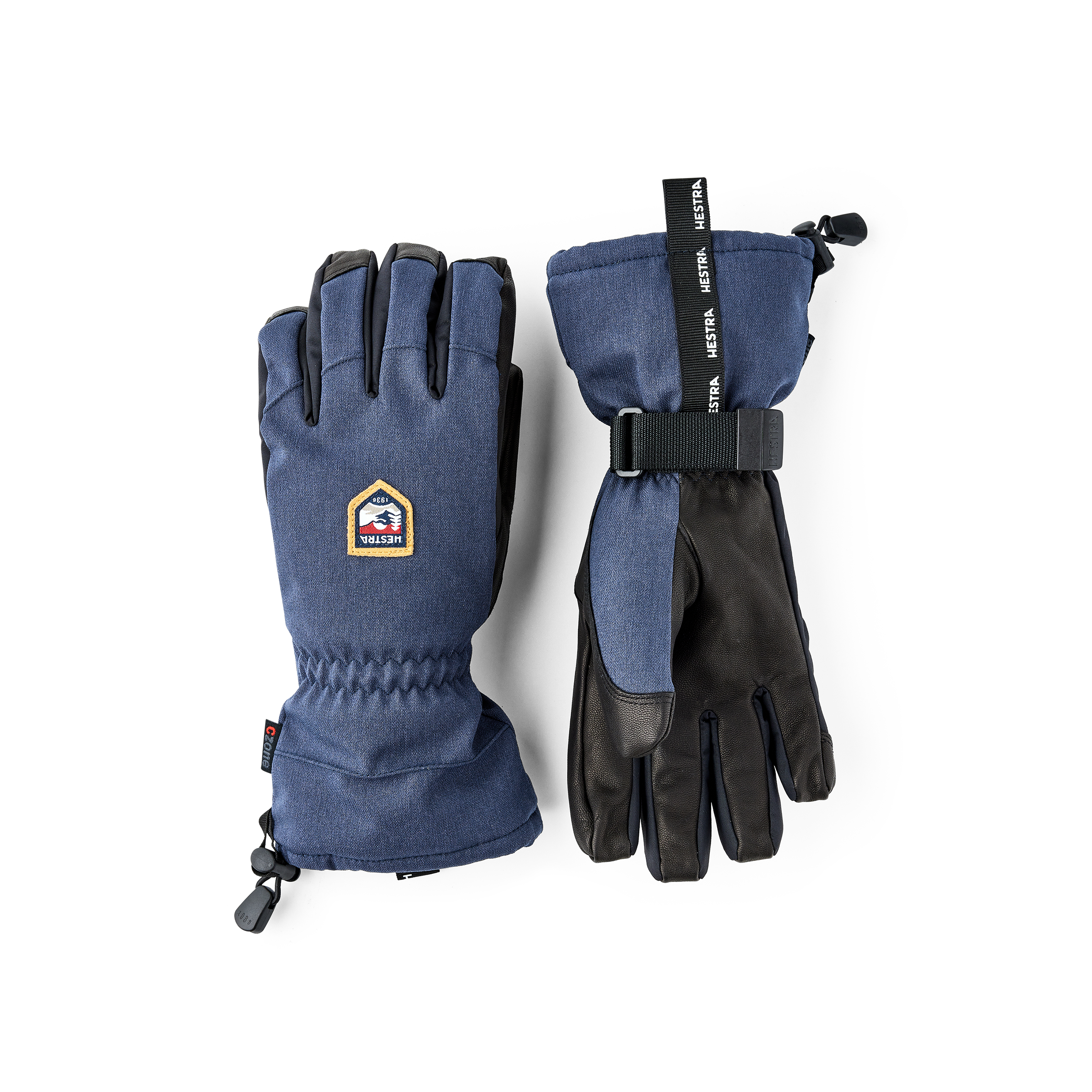 Dark blue ski glove with black goat leather palm and wrist adjustment