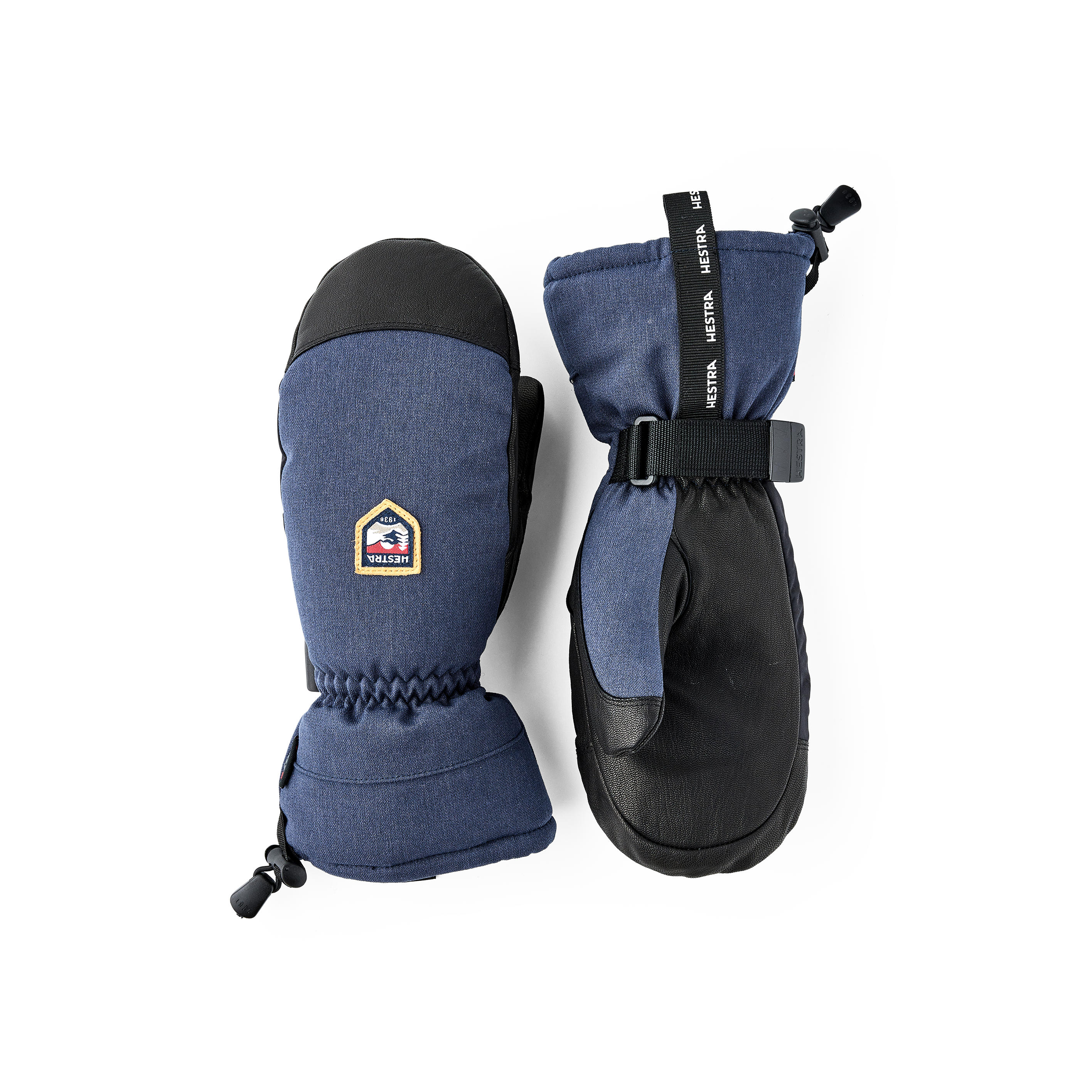 Dark blue mitten with black goat leather palm and wrist adjustment