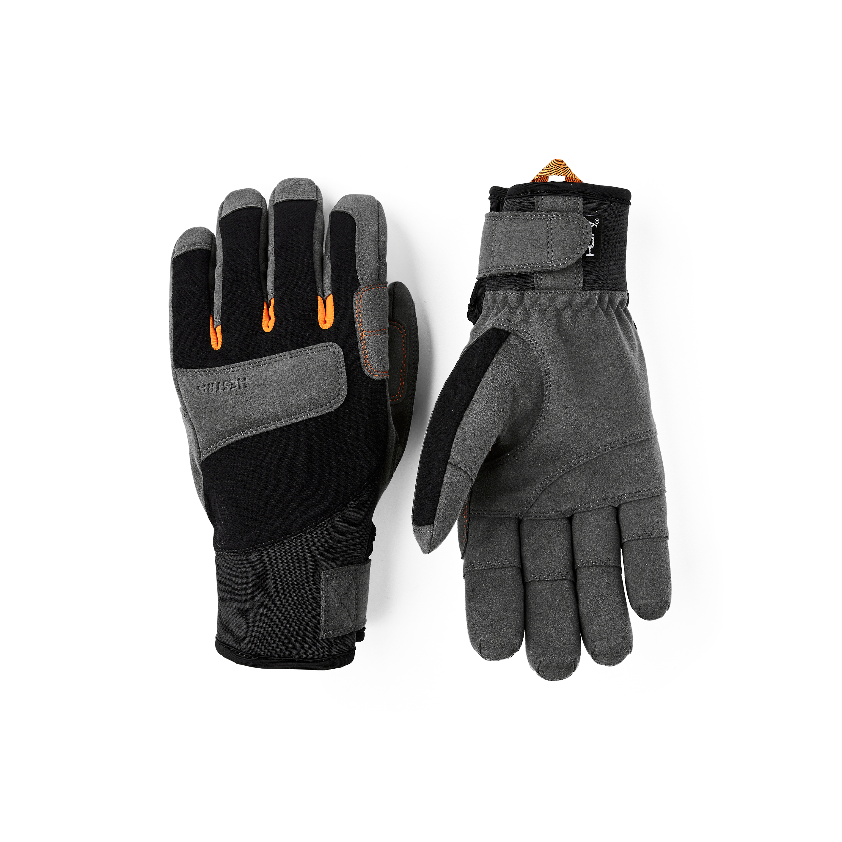 Black fabric climbing glove with dark gray synthetic suede palm
