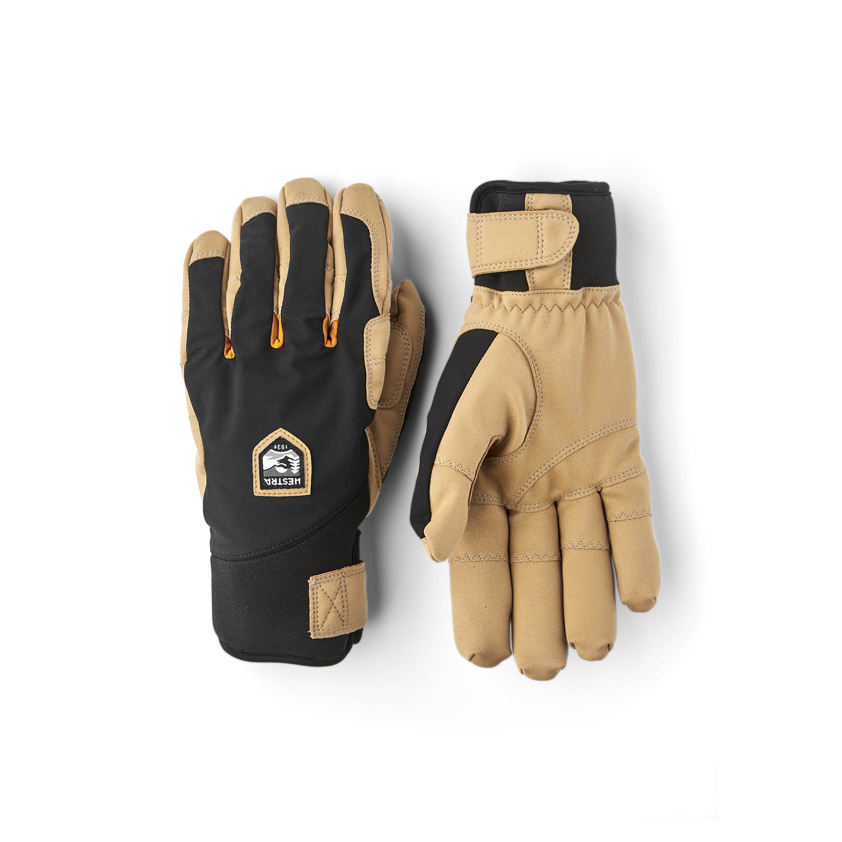 Black fabric climbing glove with light brown synthetic suede palm