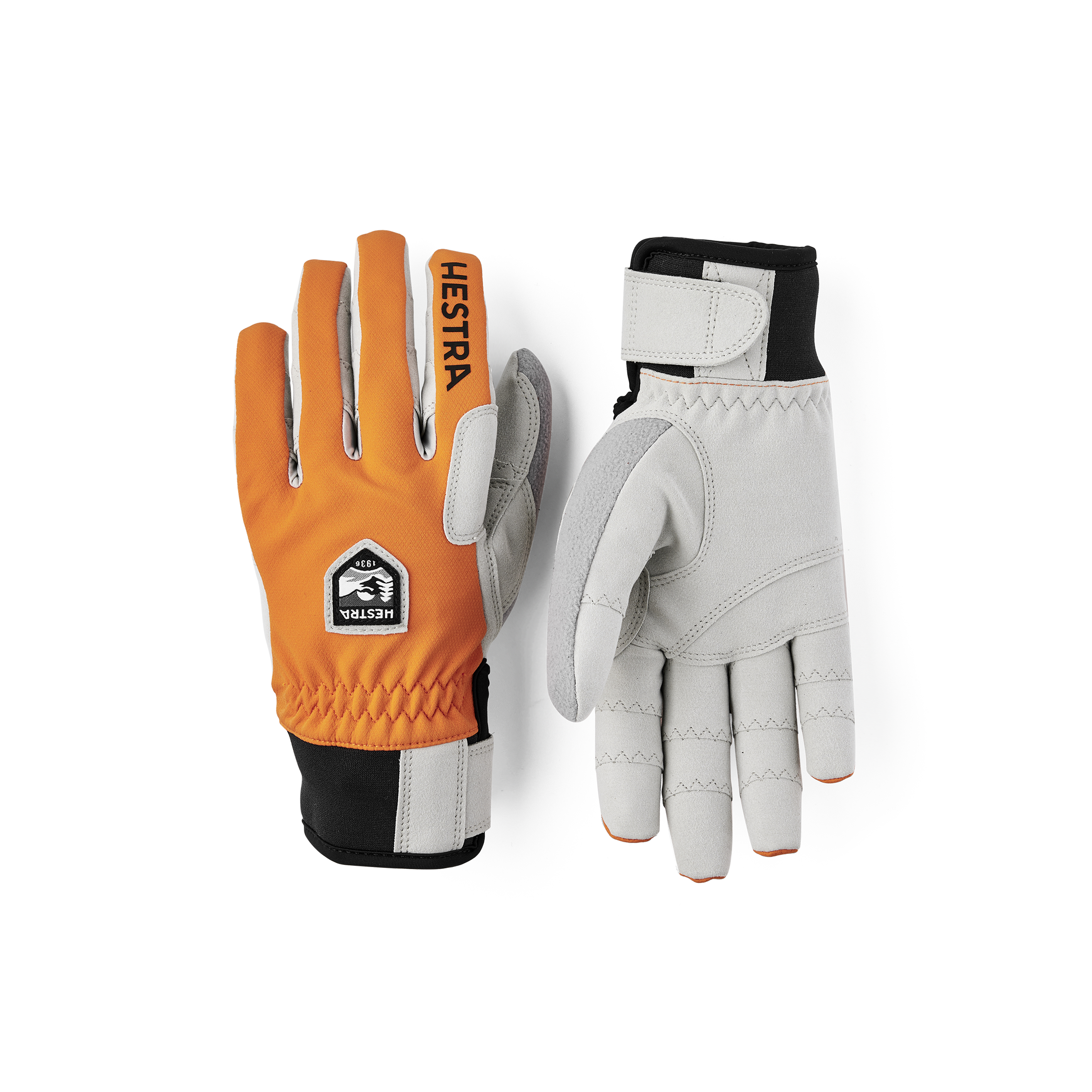 Orange fabric cross-country ski glove with gray synthetic suede palm