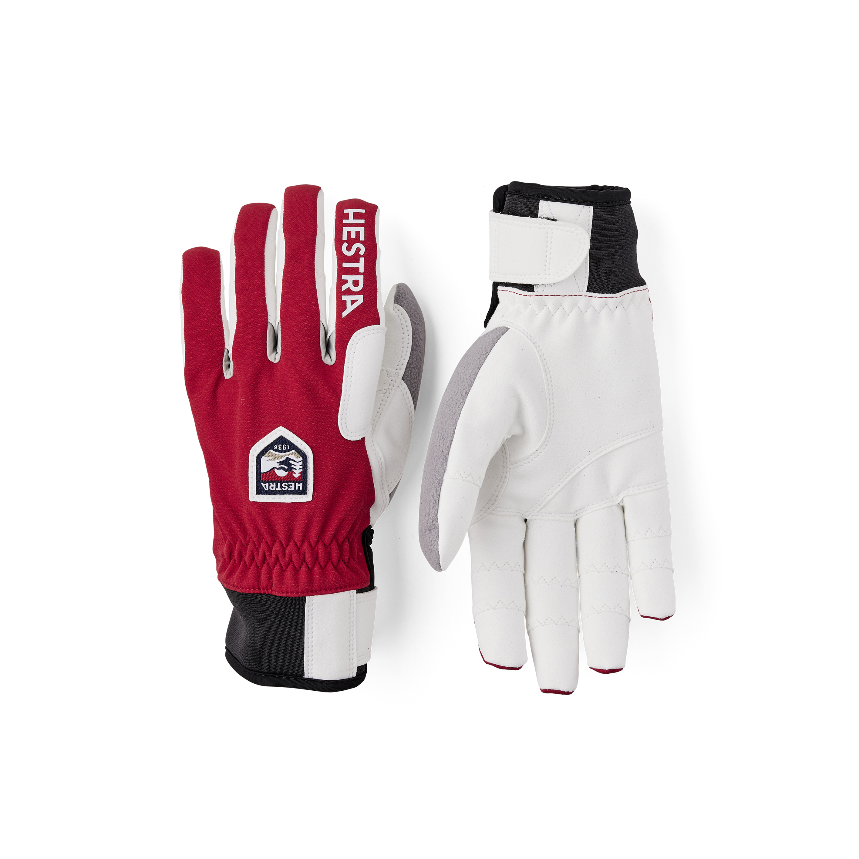 Red fabric cross-country ski glove with white synthetic suede palm