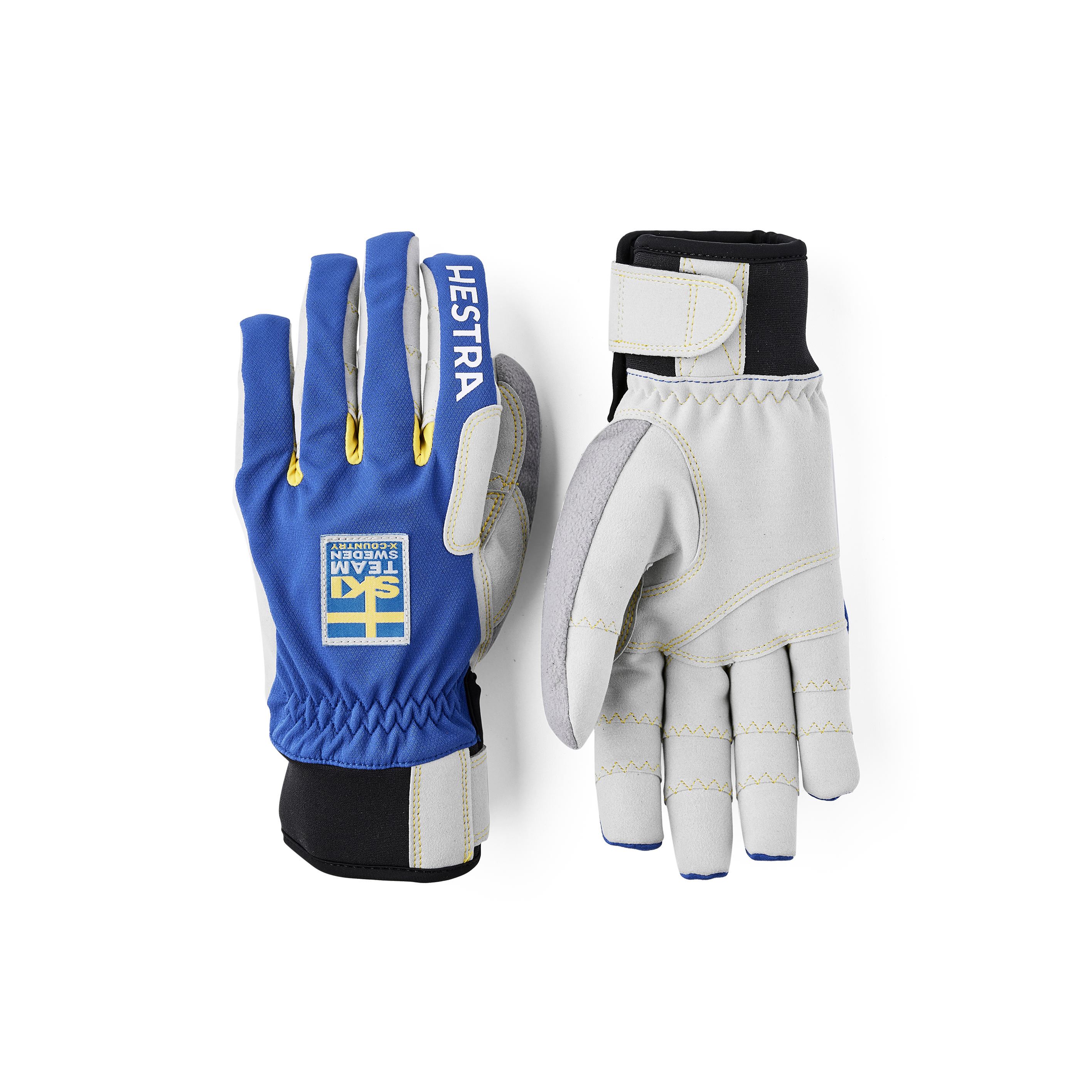 Royal blue fabric cross-country ski glove with gray synthetic suede palm