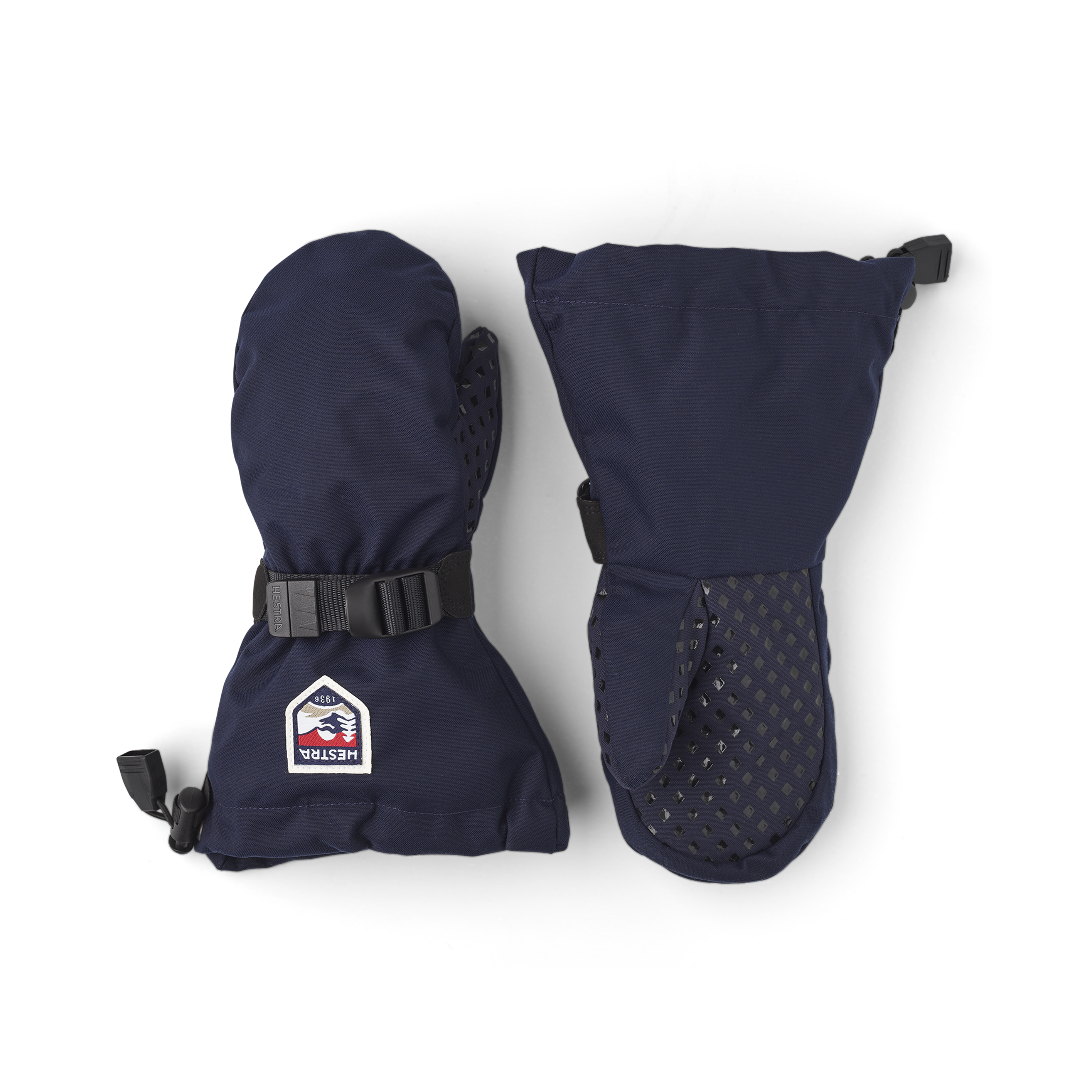 Dark blue fabric mitten with wrist adjustment