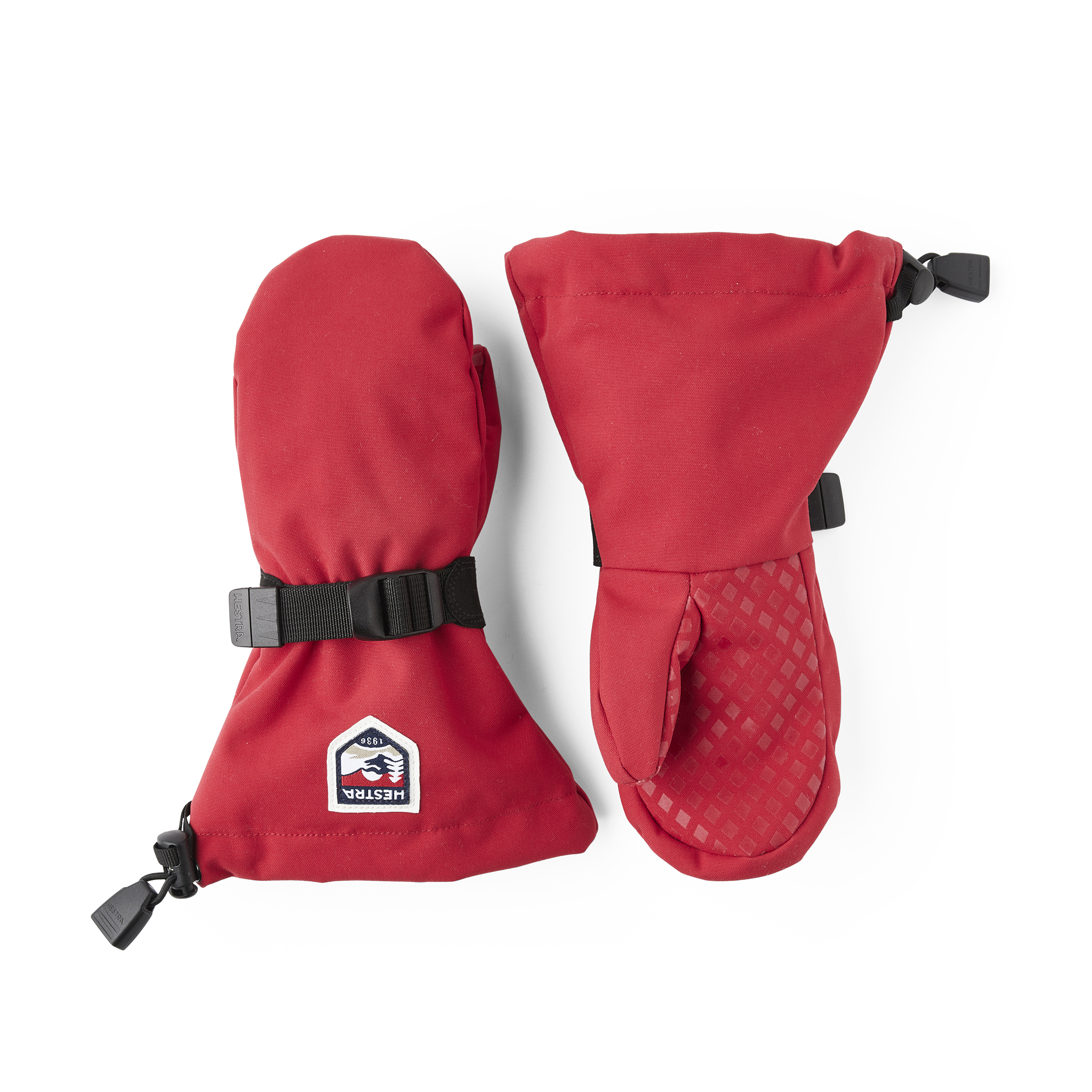 Red fabric mitten with wrist adjustment