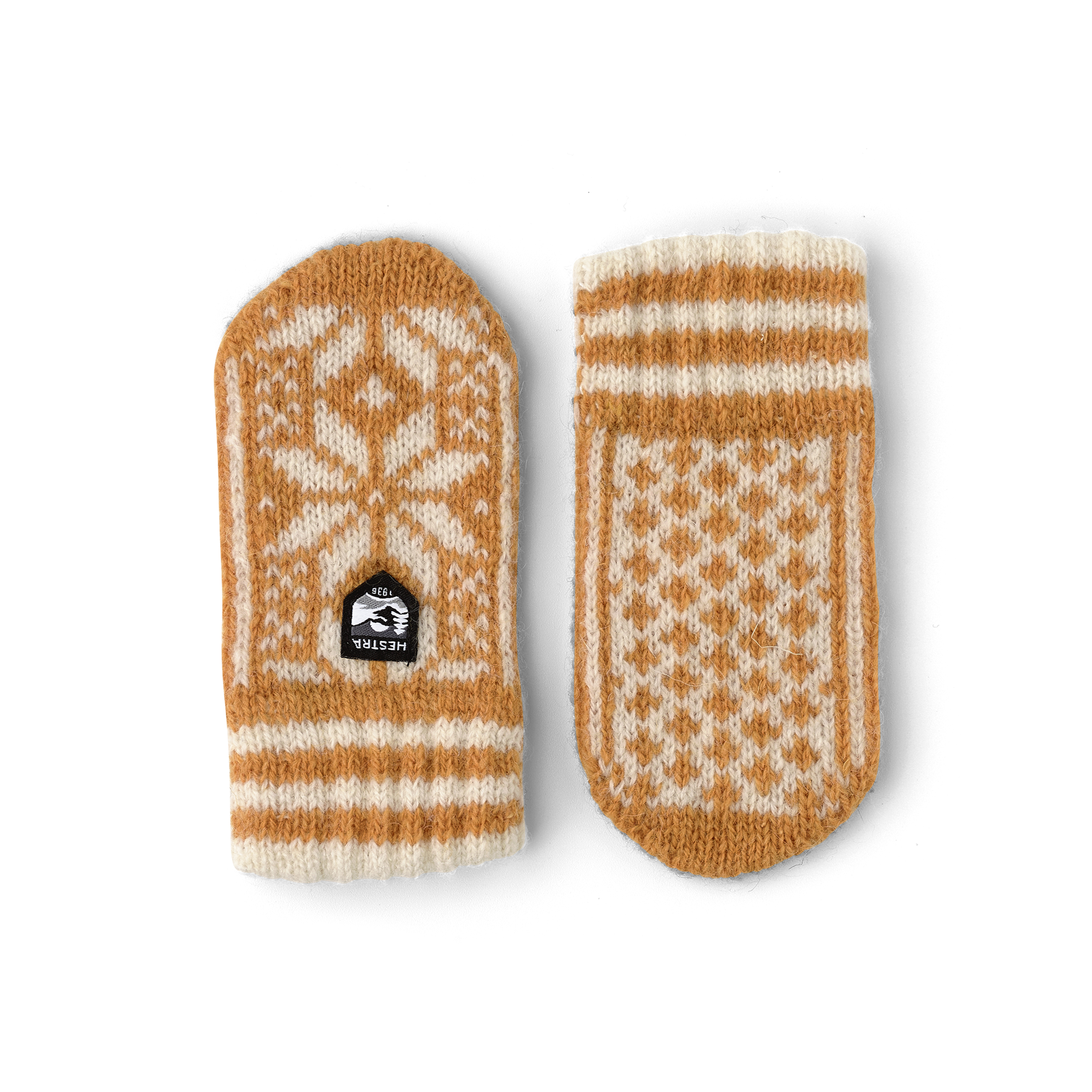 Dark yellow and white knitted mitten in wool mix